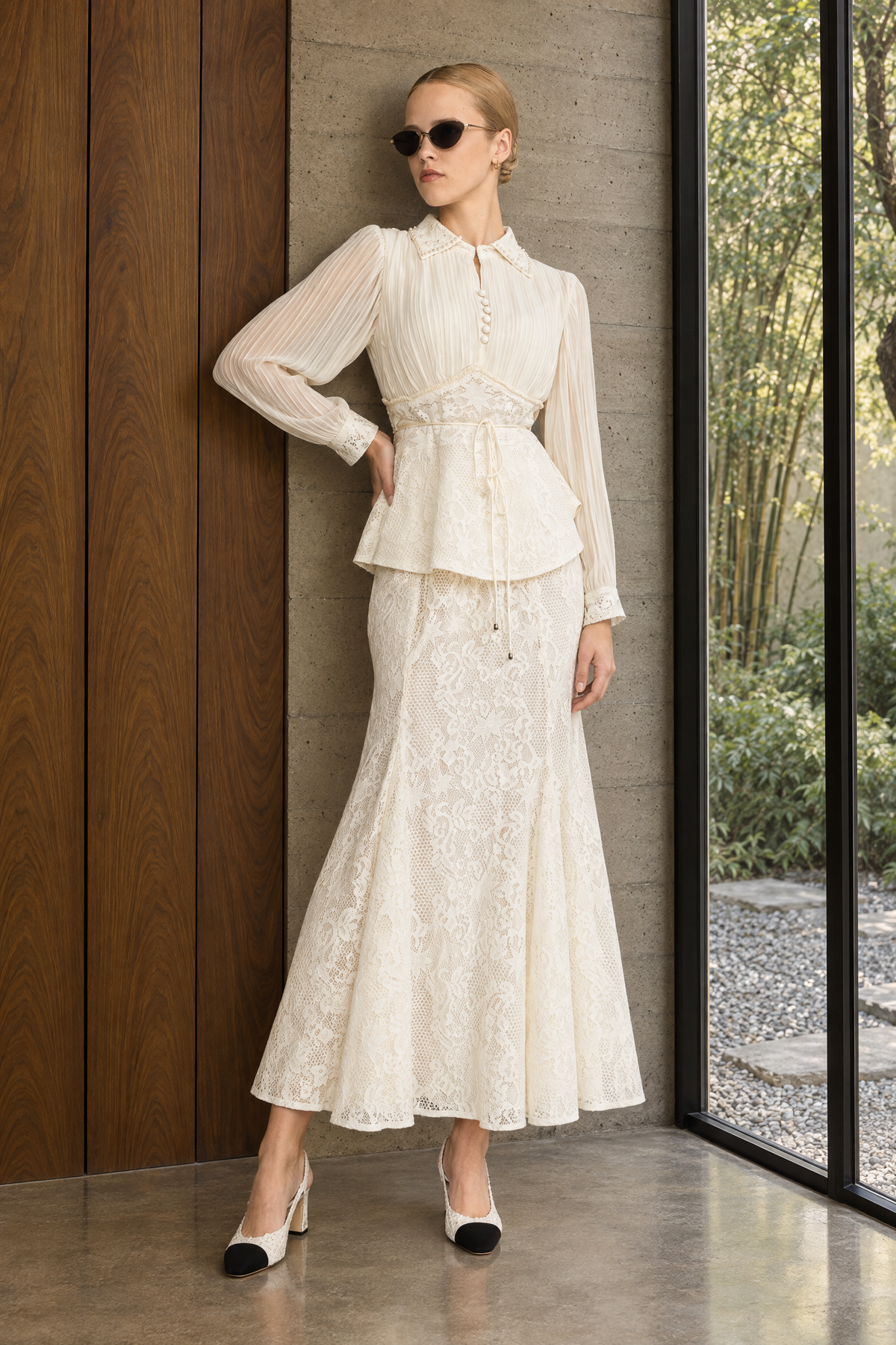 Rosalind Ivoire Pleated Chiffon Lace Peplum Blouse and Maxi Skirt Set
