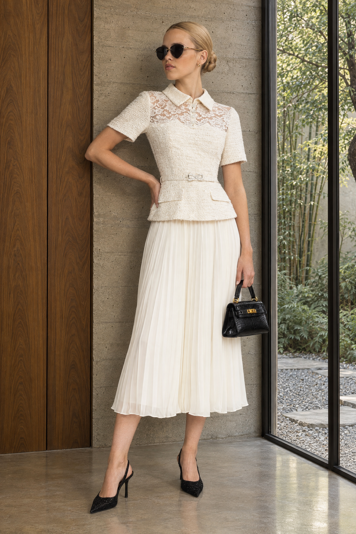 Domitille Ivoire Lace Yoke Tweed Peplum Dress with Pleated Skirt