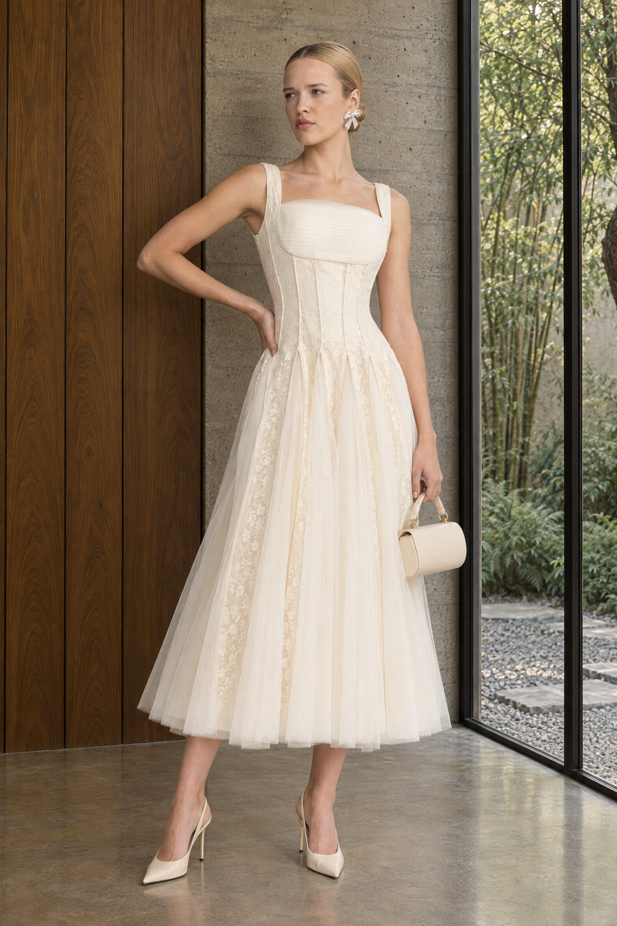 Églantine Ivoire Lace Panel Corset Tulle Midi Dress
