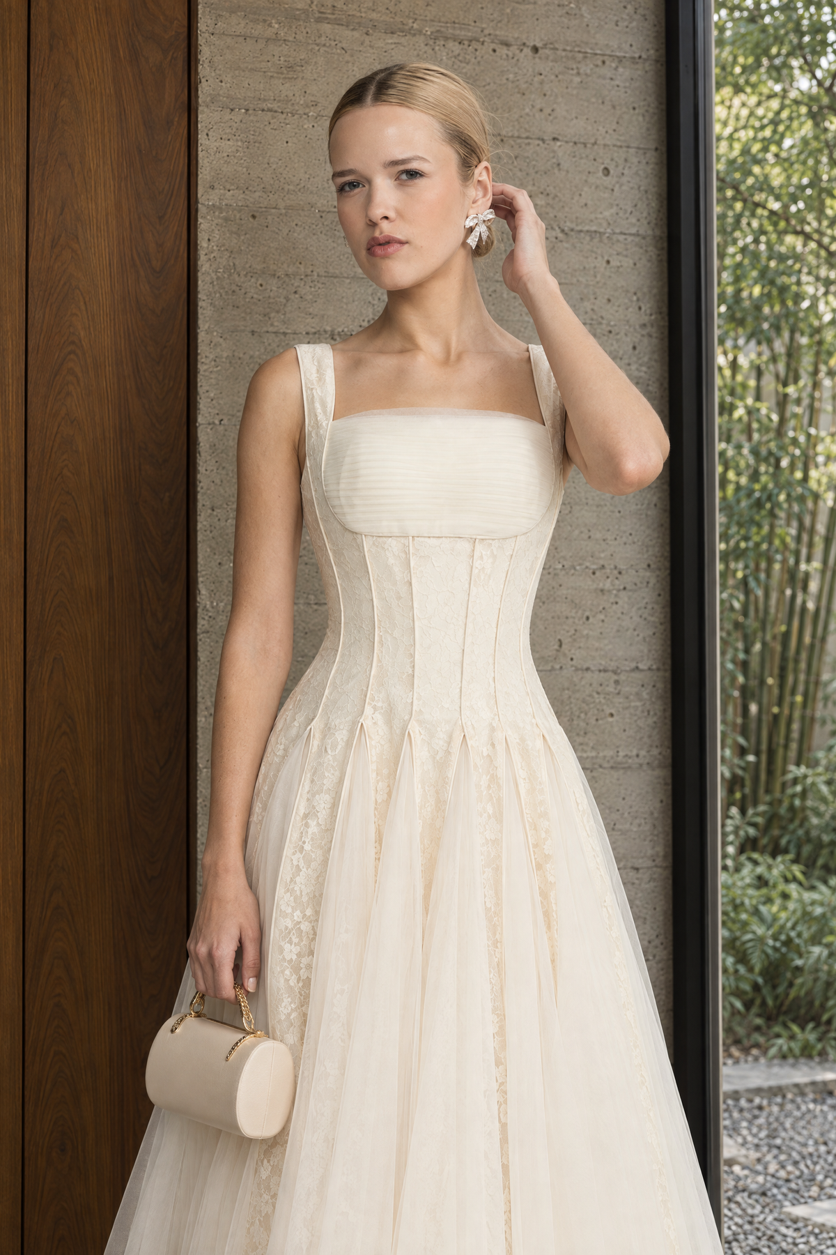 Églantine Ivoire Lace Panel Corset Tulle Midi Dress