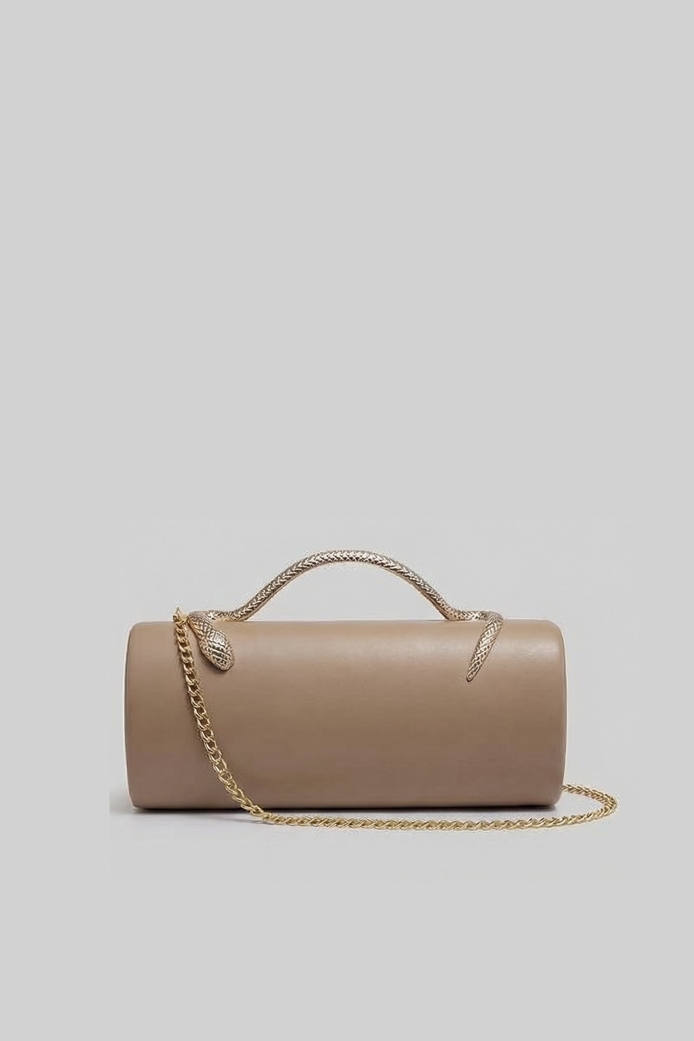 Structured Clutch Bag with Snake Handle And Gold Chain – Khaki
