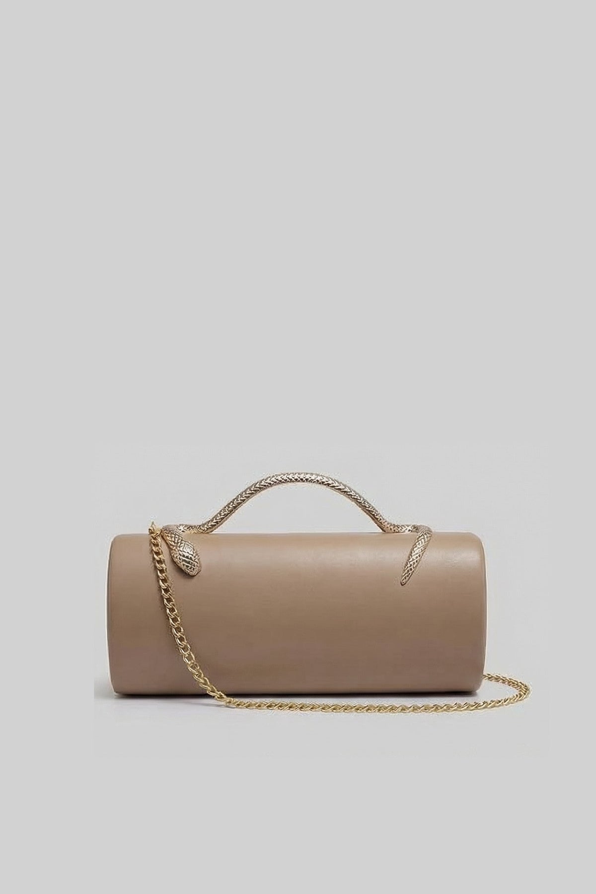 Structured Clutch Bag with Snake Handle And Gold Chain – Khaki