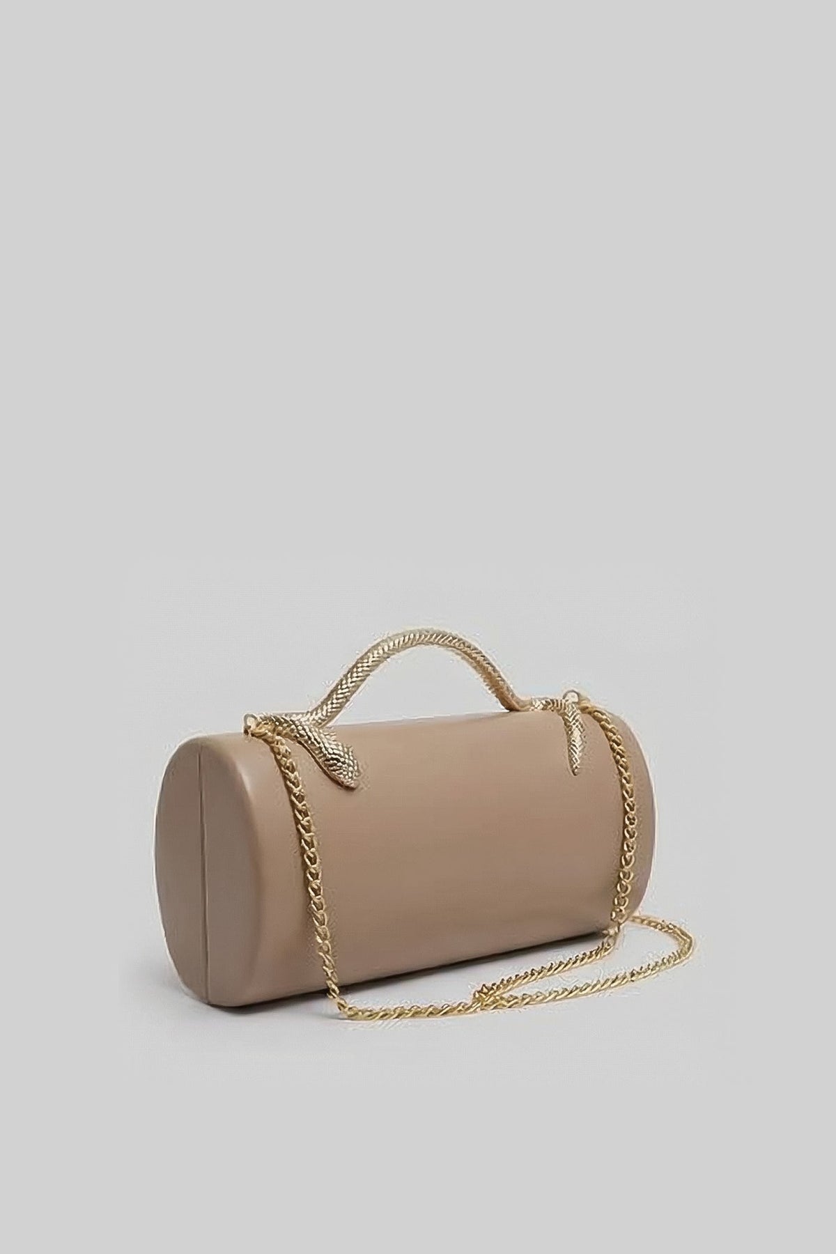 Structured Clutch Bag with Snake Handle And Gold Chain – Khaki