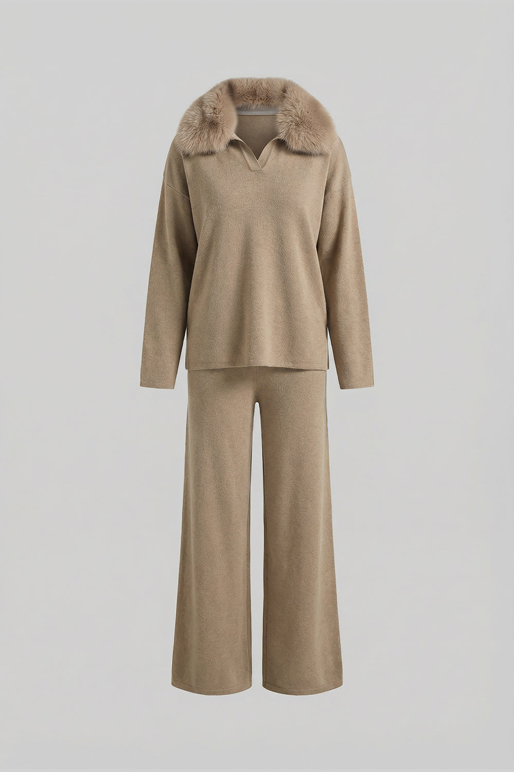 Elodie Khaki Knit Lounge Co-Ord Set with Fox Fur Collar