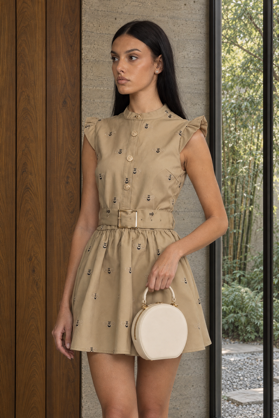 Valériane Khaki Bee Embroidered Belted Cotton Mini Dress