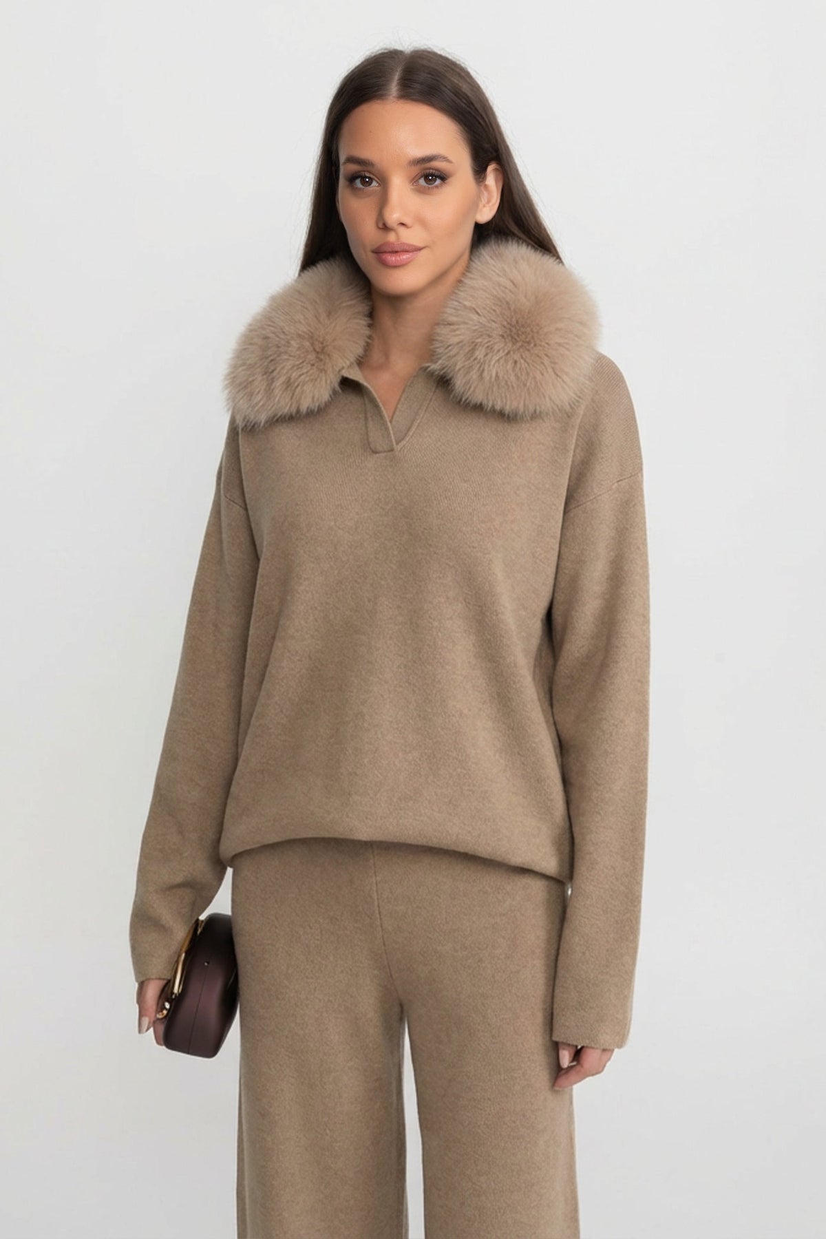 Elodie Khaki Knit Lounge Co-Ord Set with Fox Fur Collar