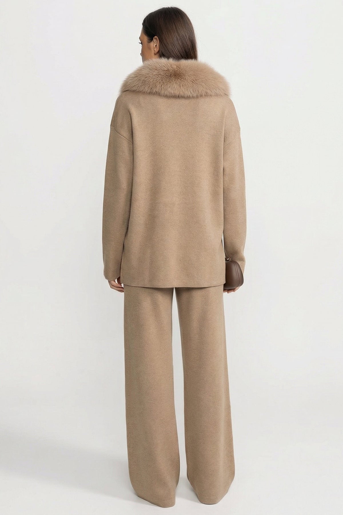 Elodie Khaki Knit Lounge Co-Ord Set with Fox Fur Collar