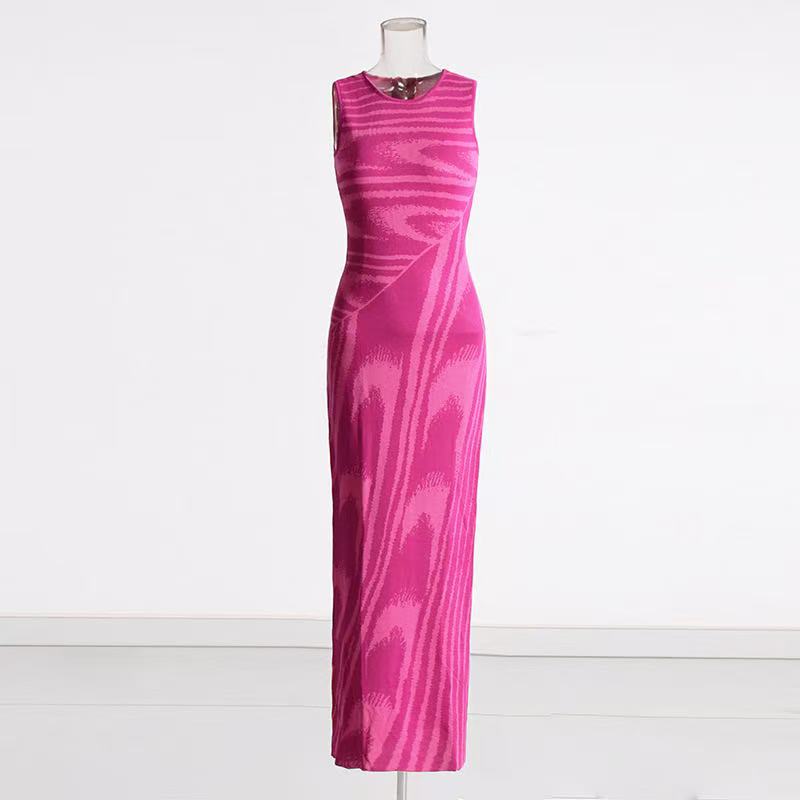 Knitted Midi Dress with Stripes Pattern - Pink