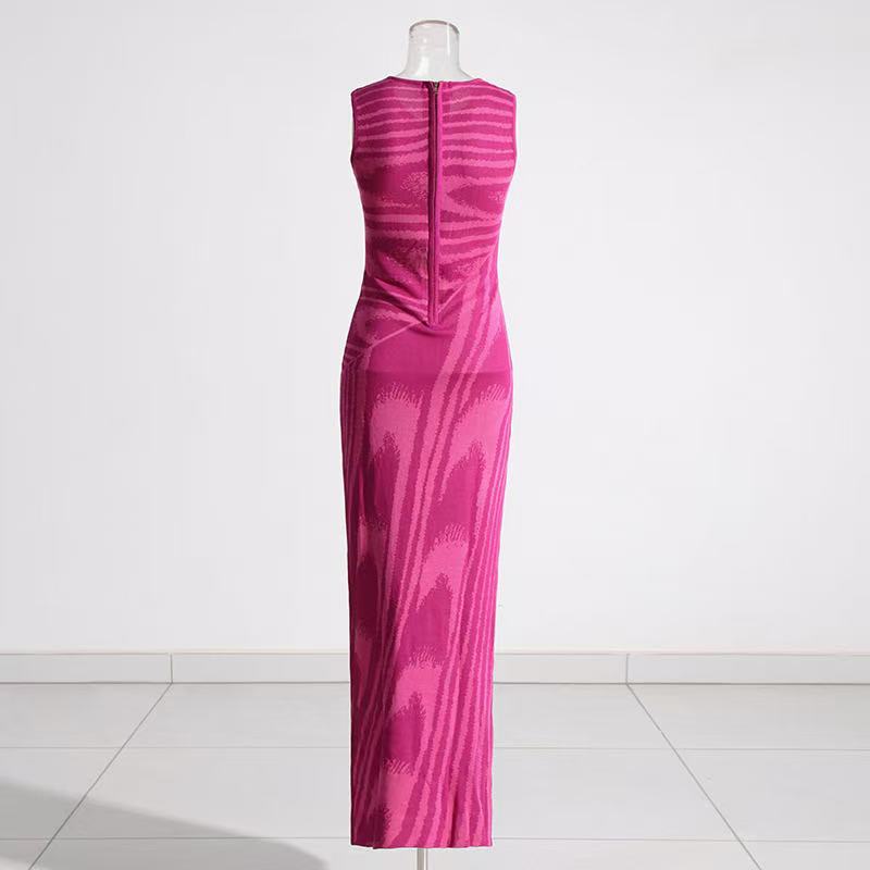 Knitted Midi Dress with Stripes Pattern - Pink
