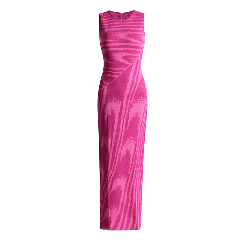 Knitted Midi Dress with Stripes Pattern - Pink