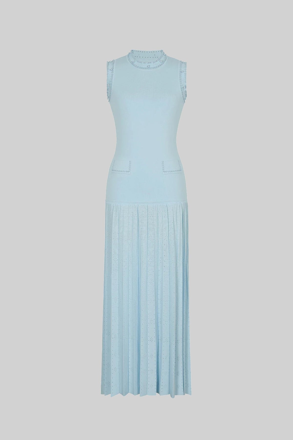 Eulalie Blue Knitted Sleeveless Midi Dress With Pearl Embellishments