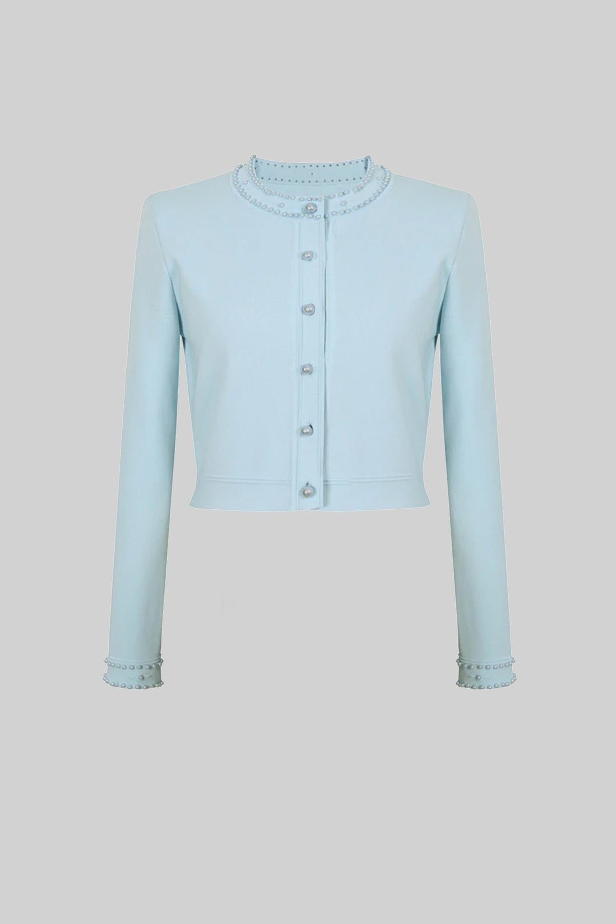 Eugenie Blue Knitted Cardigan With Pearl Buttons And Embellishments