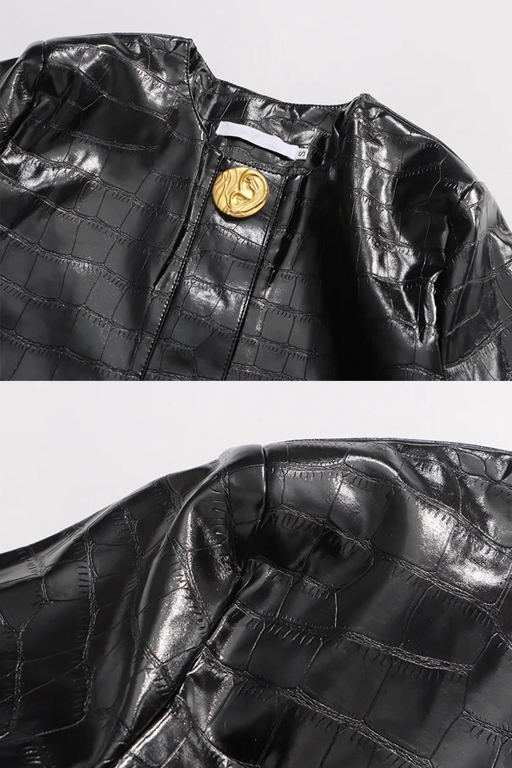Croc-Effect Cropped Jacket With Gold Button Closure - Black