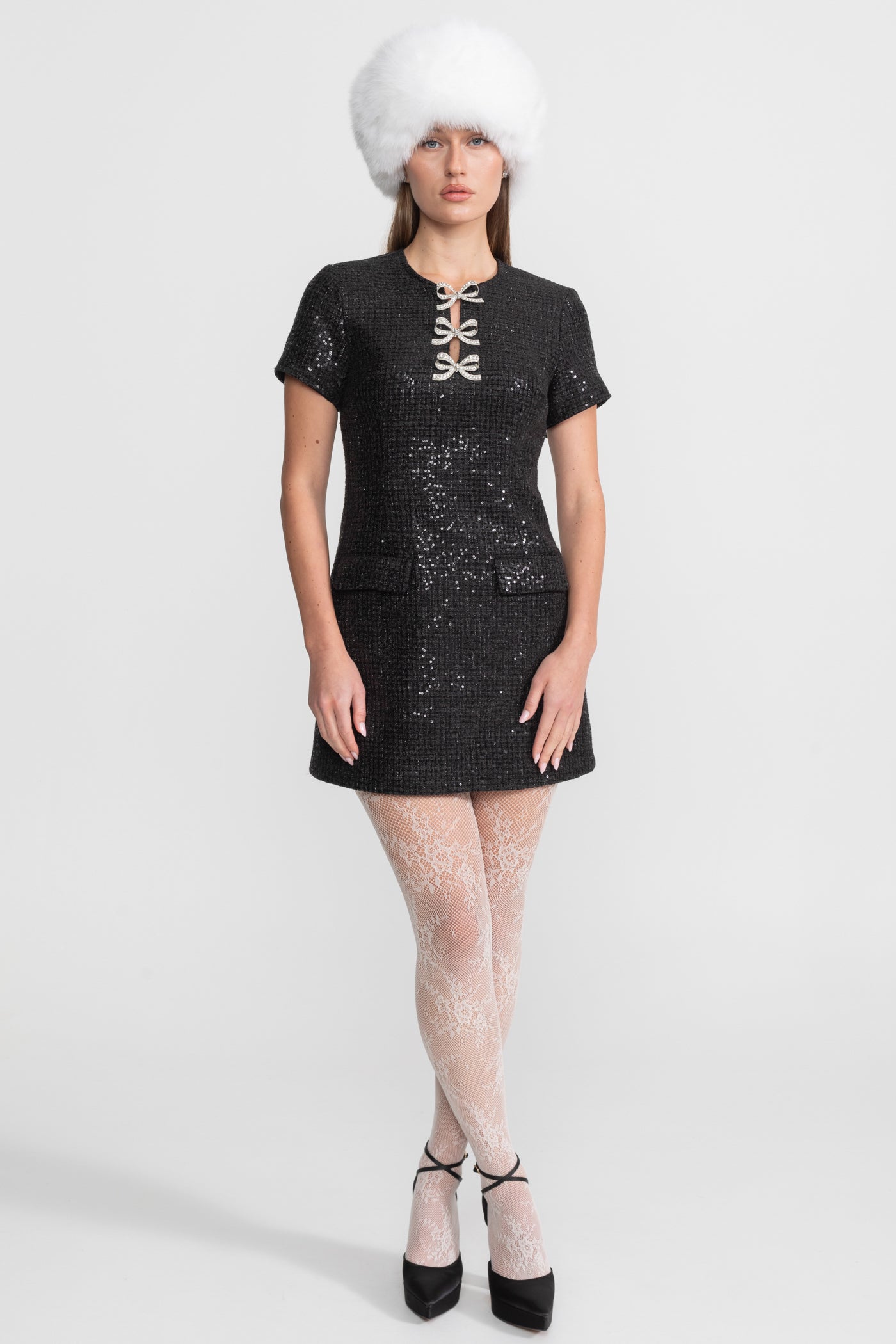 Sequin Mini Dress with Crystal Bow Accents - Black
