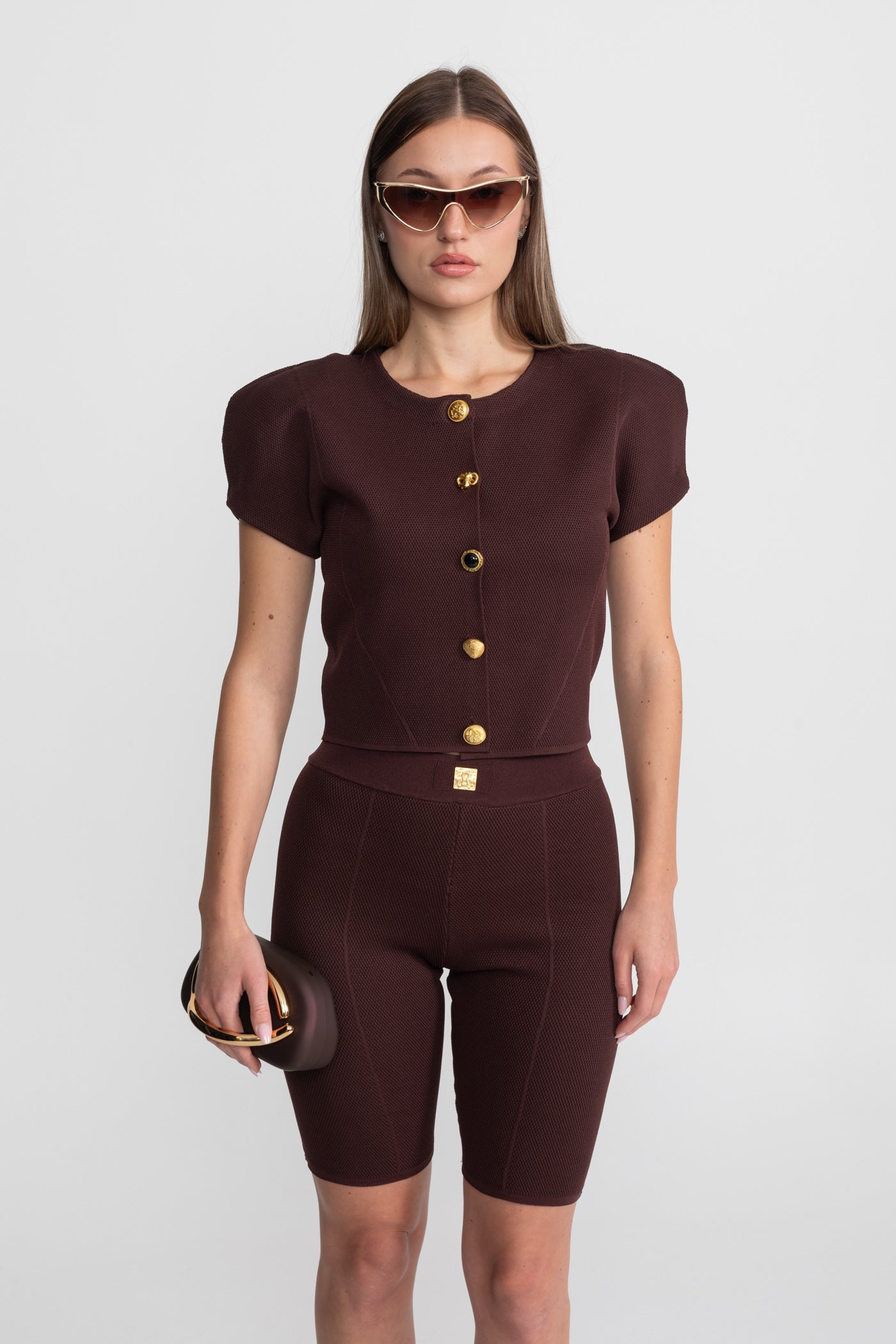 Textured Knit Co-ord Set With Structured Shoulders – Deep Burgundy