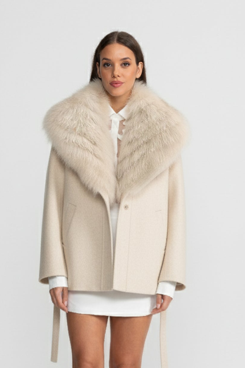 Wool Coat with Oversized Fur Collar And Belt - Beige