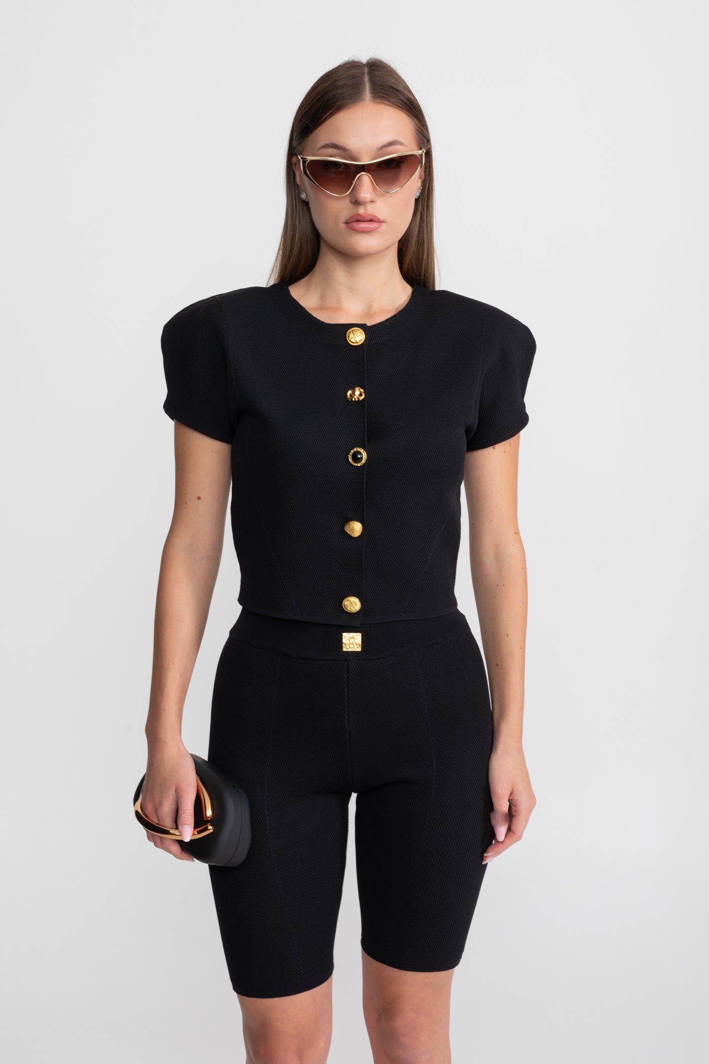 Textured Knit Co-ord Set With Structured Shoulders – Black