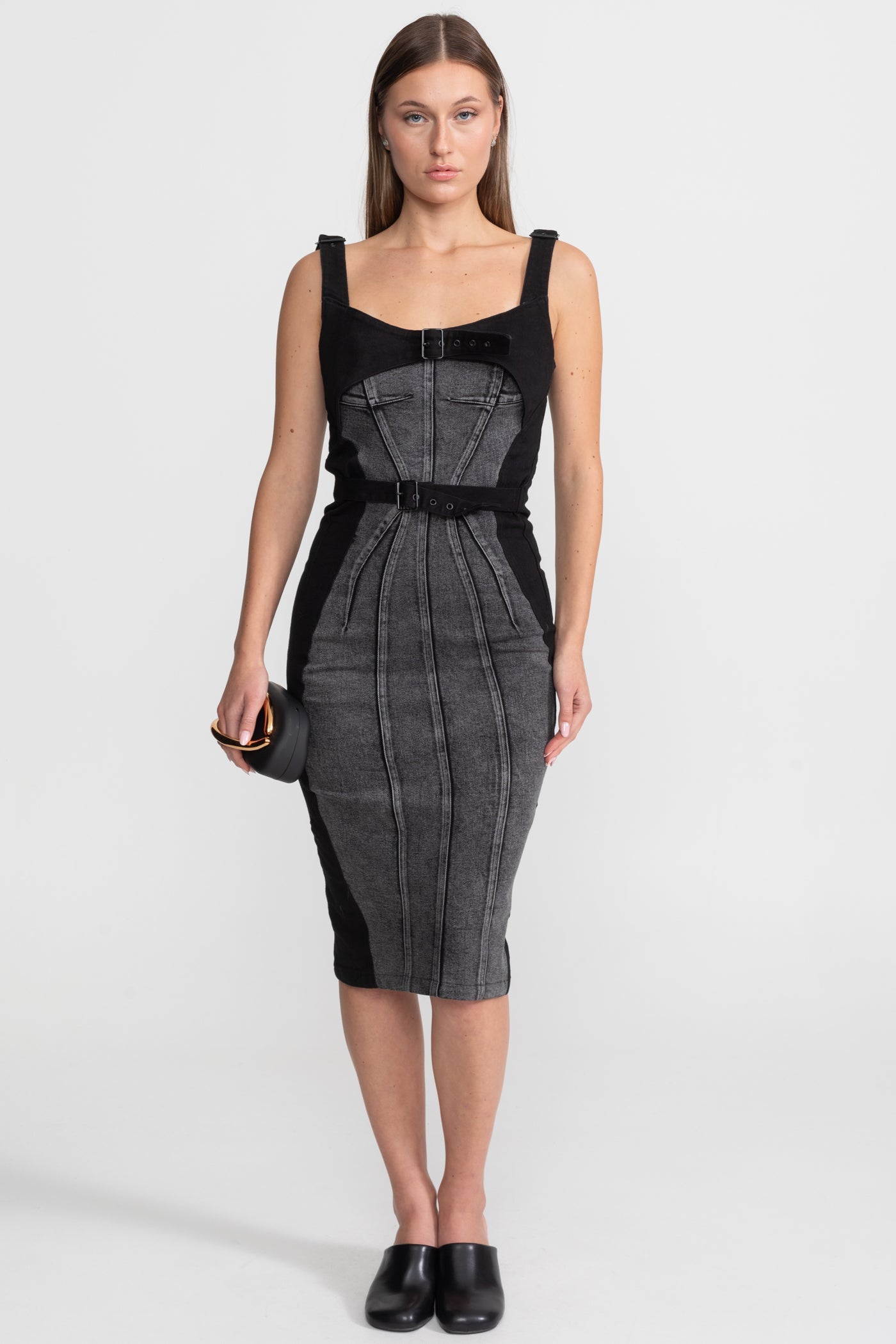 Panelled Denim Midi Dress With Buckled Belts – Charcoal