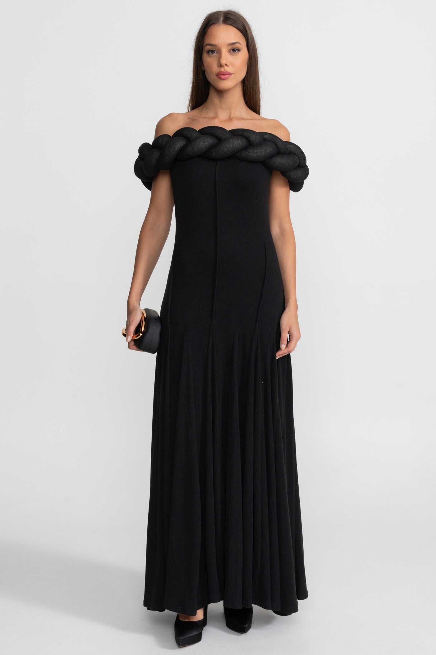 Off-Shoulder Braided Neckline Maxi Dress – Black