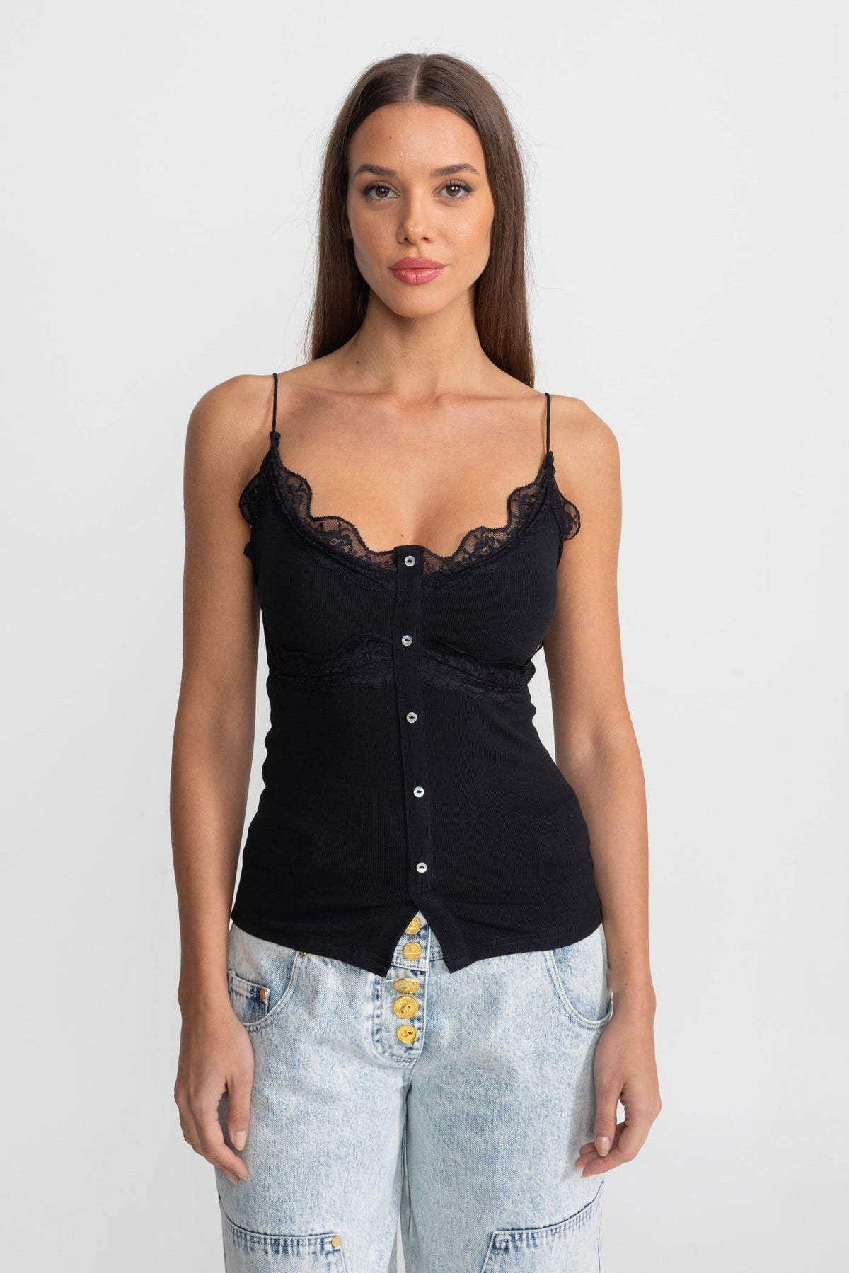 Lace-Trimmed Ribbed Camisole with Buttoned Front - Black