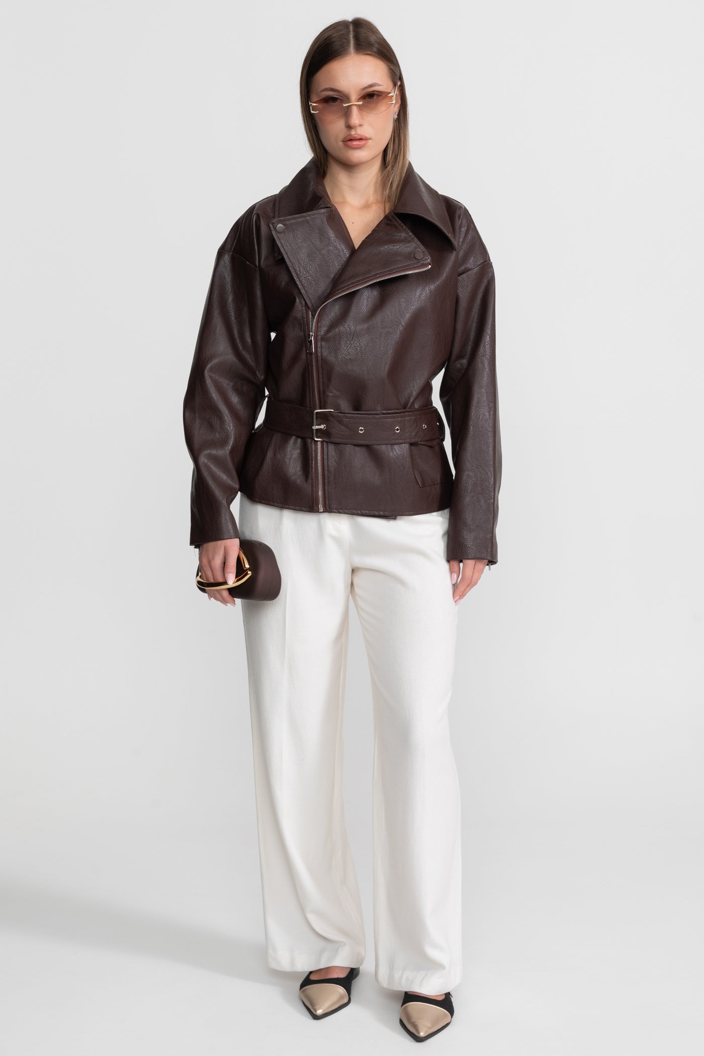 Belted Biker Jacket With Wide Lapels – Chocolate Brown