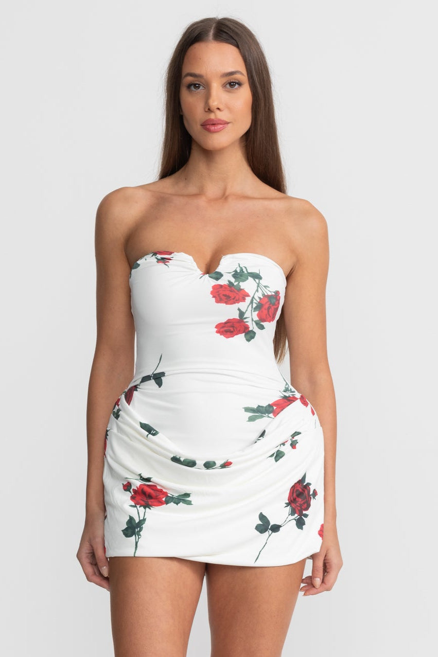 Strapless Floral Mini Dress with Draped Skirt - White