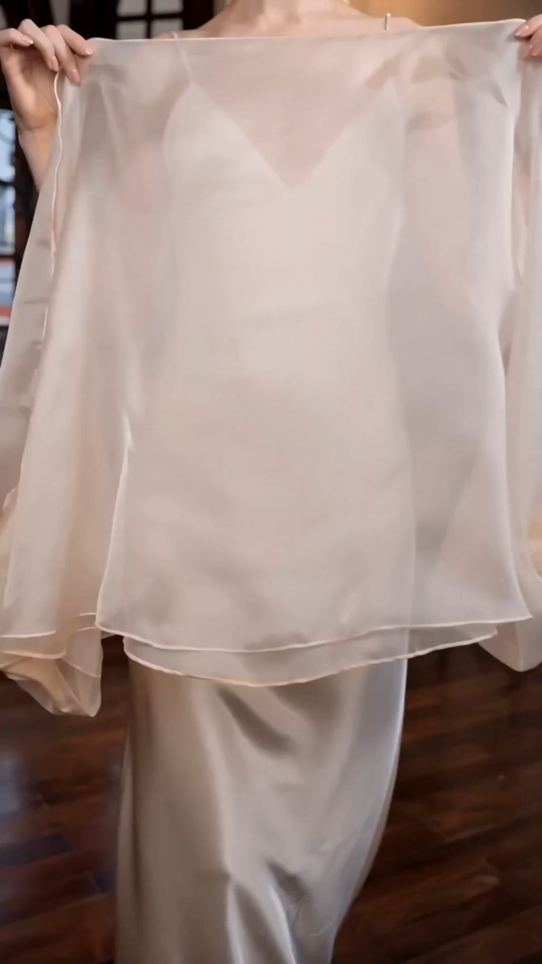 madeleine cream white sheer blouse satin maxi dress set