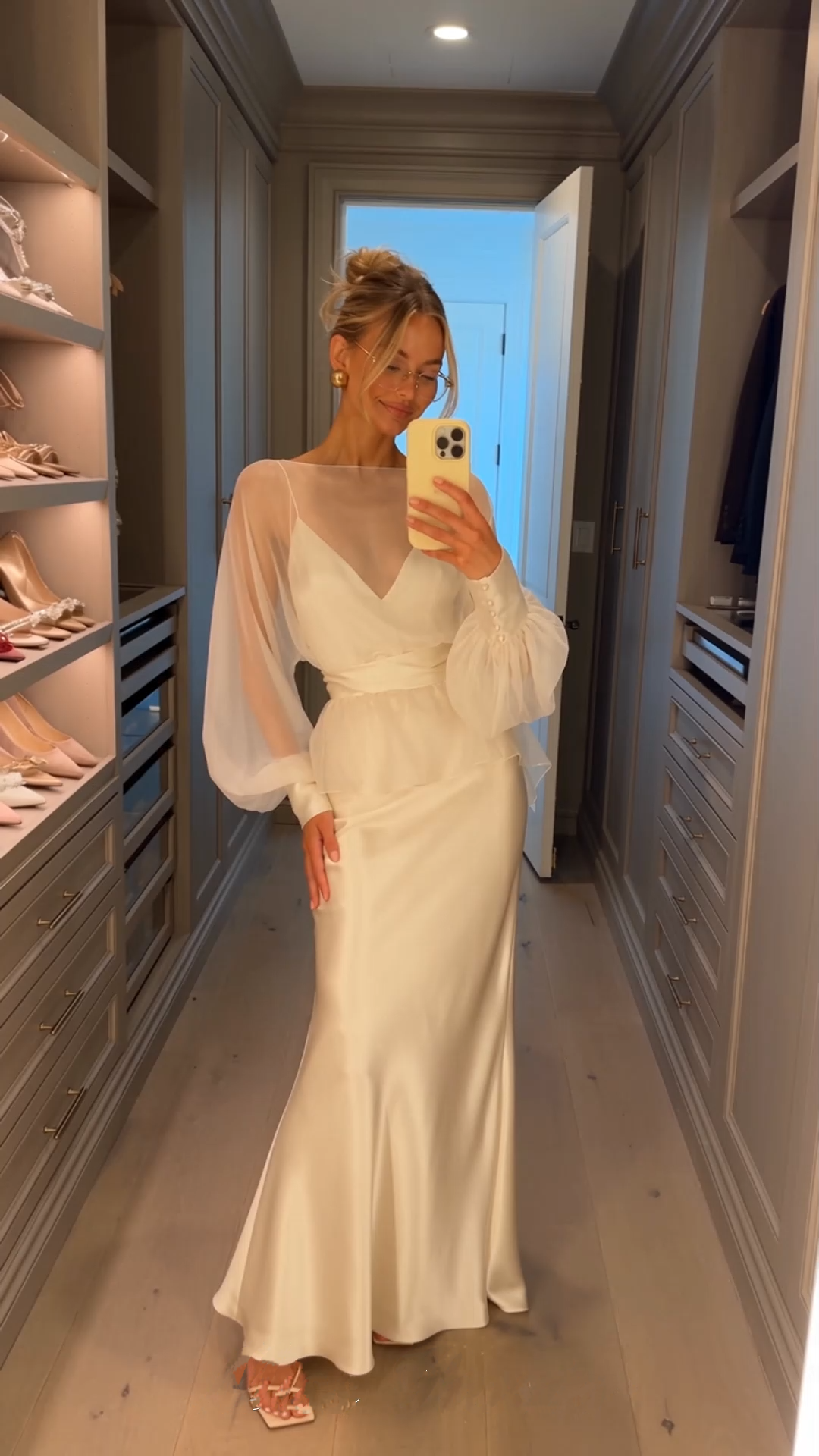 madeleine cream white sheer blouse satin maxi dress set