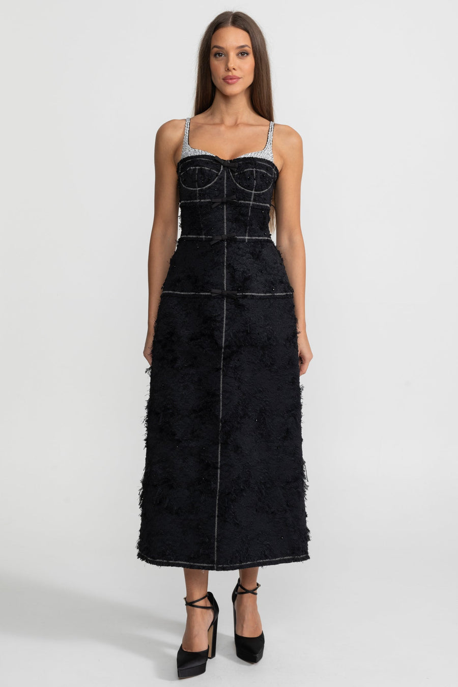 Anneliese Black Textured Tweed Midi Dress With Contrast Straps and Bow Detailing