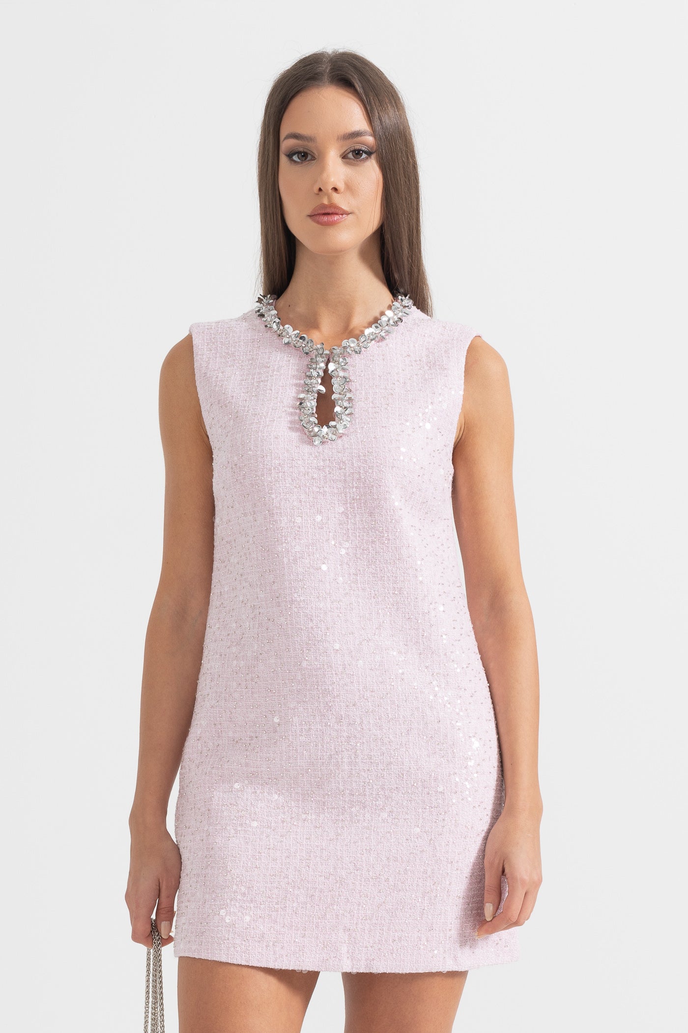 Textured Sleeveless Mini Dress With Sparkling Collar Details - Pink