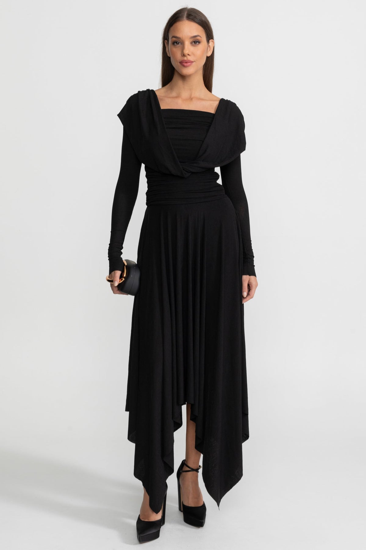 Draped Long-Sleeve Asymmetric Midi Dress – Black