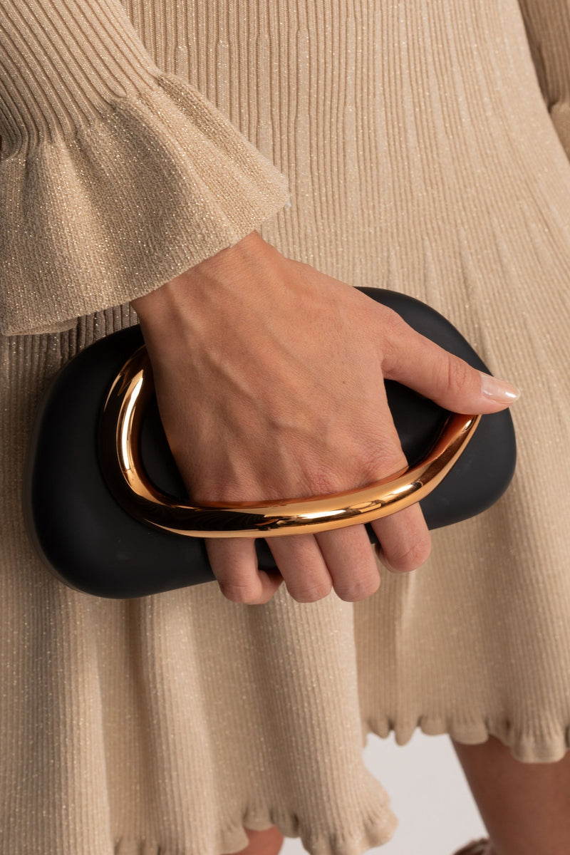 Clutch With Gold Sculptural Handle – Black And Gold