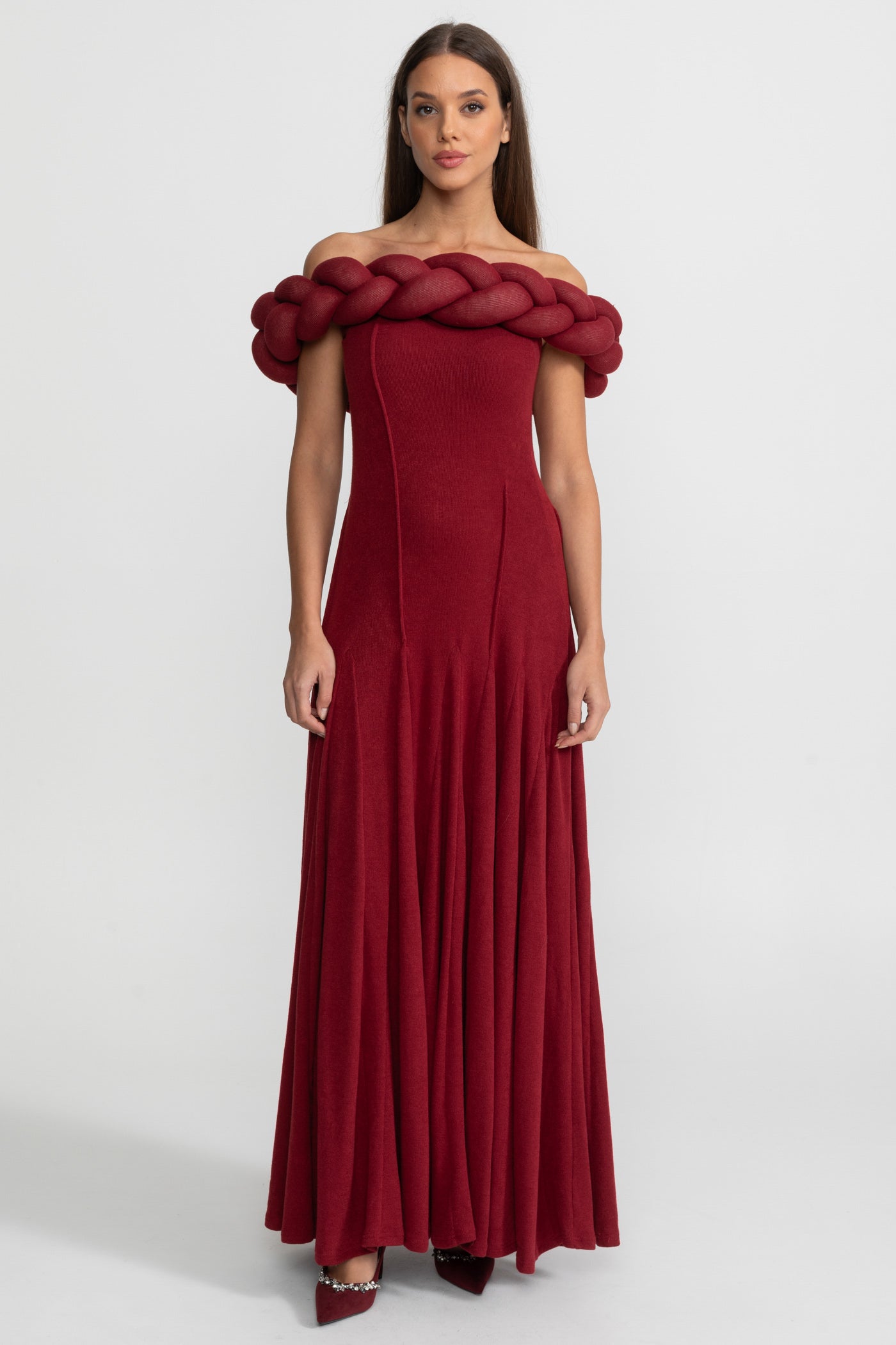 Off-Shoulder Braided Neckline Maxi Dress – Deep Red