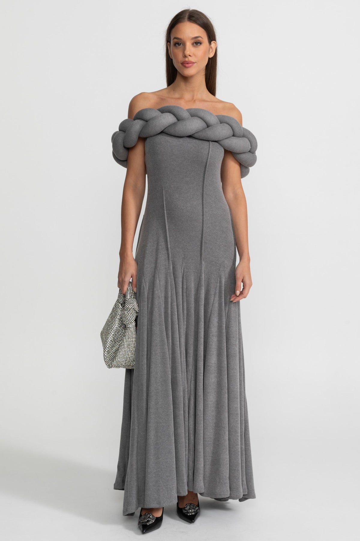 Off-Shoulder Braided Neckline Maxi Dress – Grey