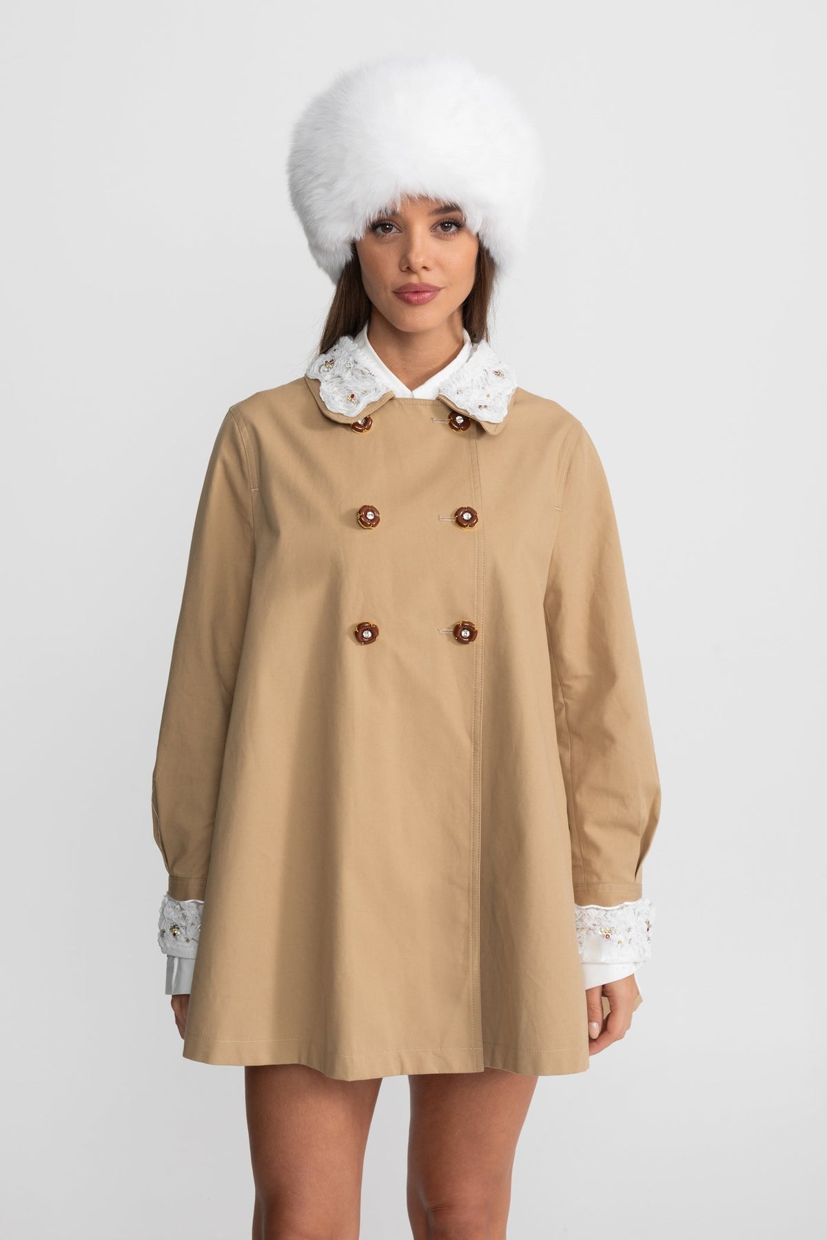 A-Line Trench Mini Dress With Embroidered Collar – Camel