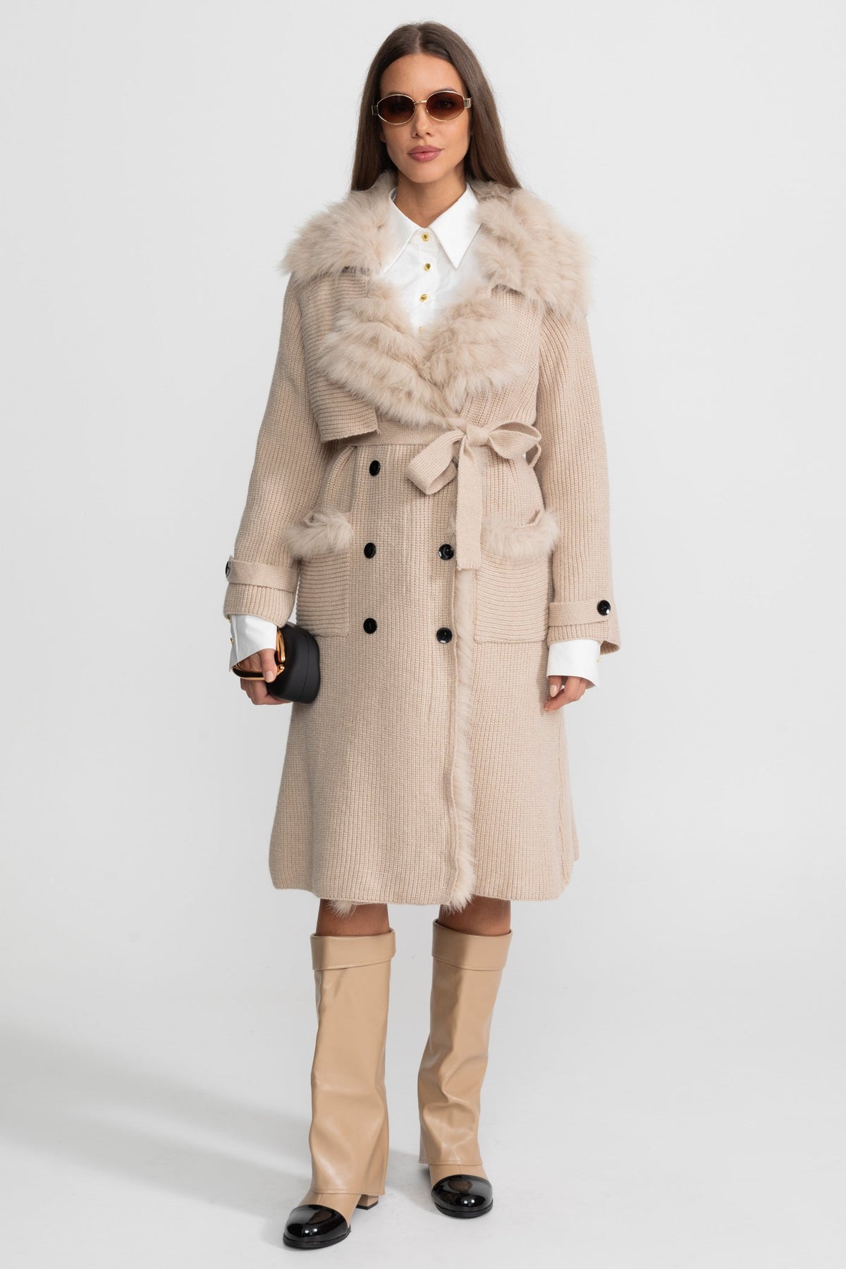 Ariadne Beige Double-Breasted Wool Knit Overcoat With Fur Trim