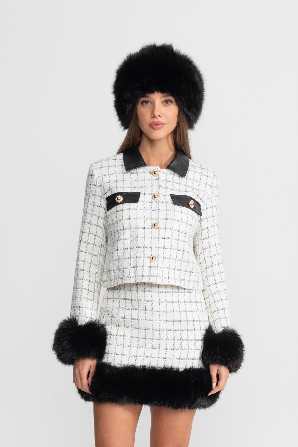 Aurore White And Black Tweed Co-Ord Set With Faux Fur Trim And Contrast Leather Details