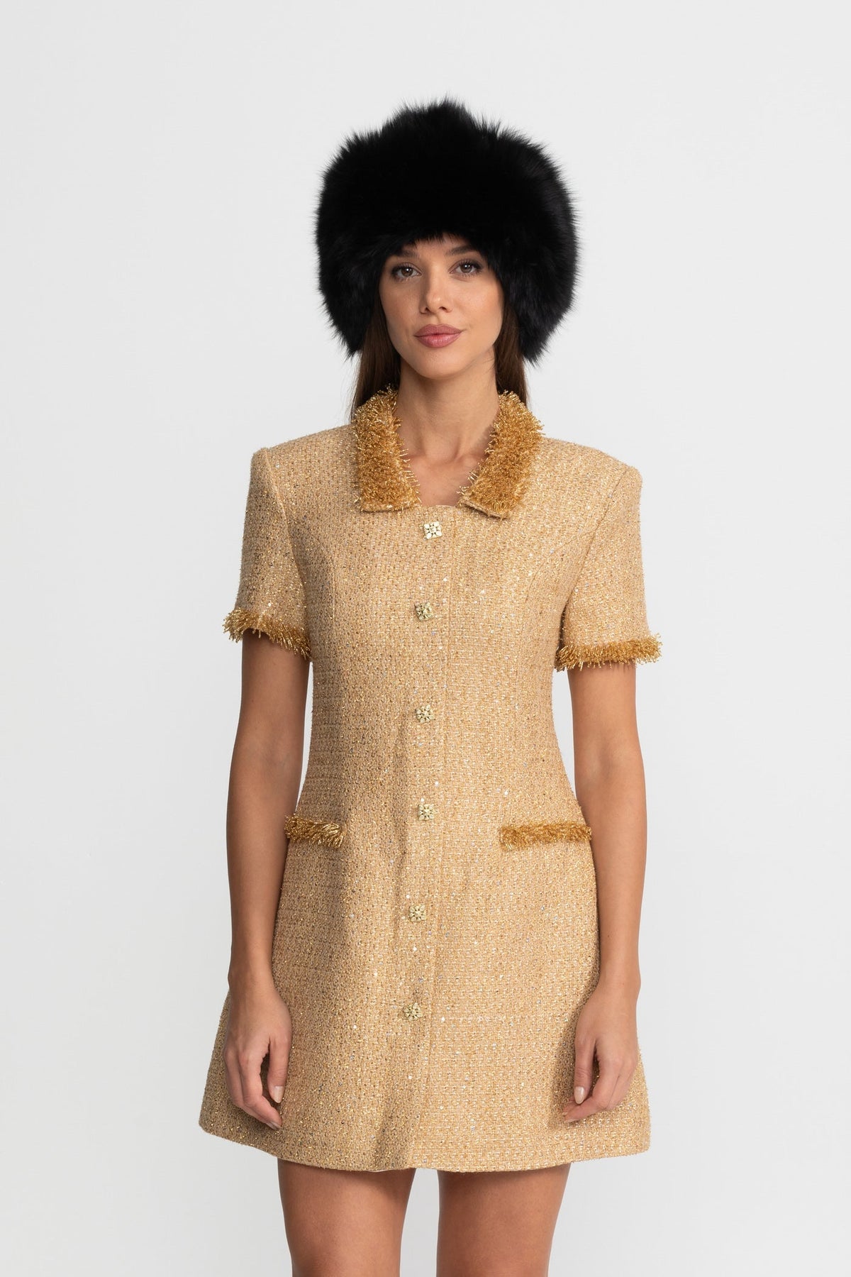 Allegra Gold Short Sleeve Tweed Mini Dress With Metallic Fringe Trim