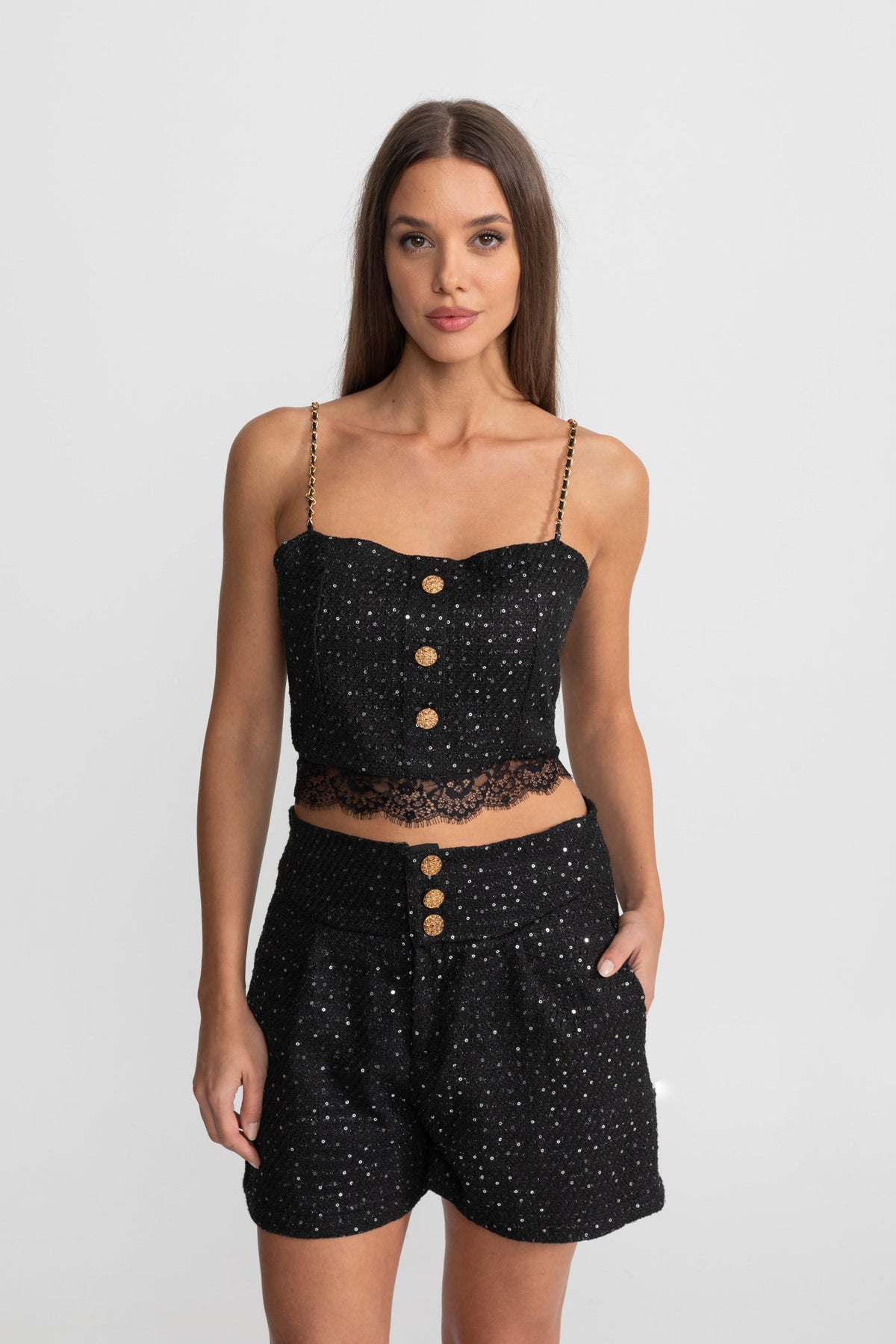 Embellished Co-Ord 3 Piece Set With Cropped Jacket, Lace Trim Top And High-Waist Shorts – Black