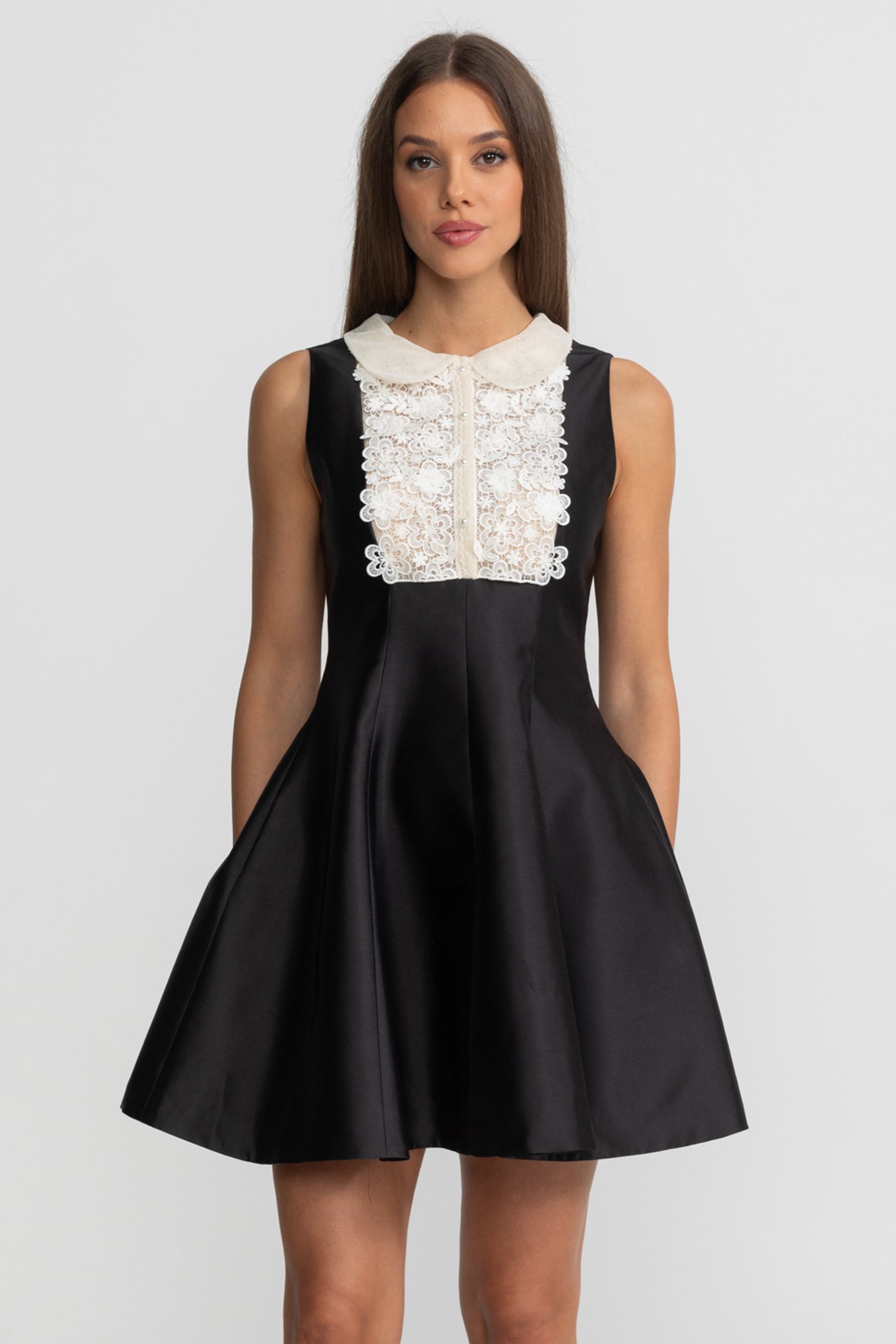 A-Line Mini Dress with Lace Bib – Black