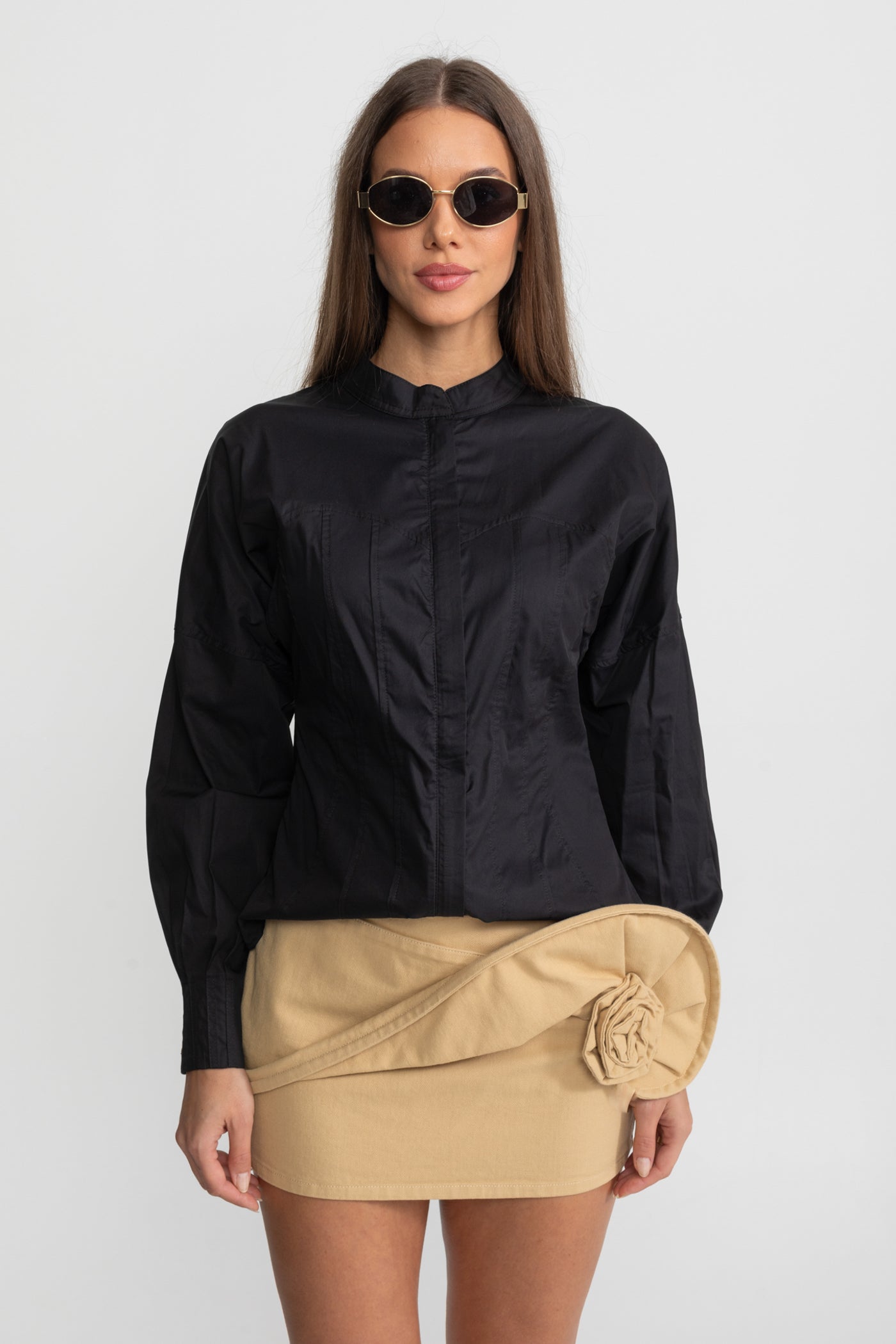 Structured Cotton Poplin Shirt With Corset Stitch Detailing – Black