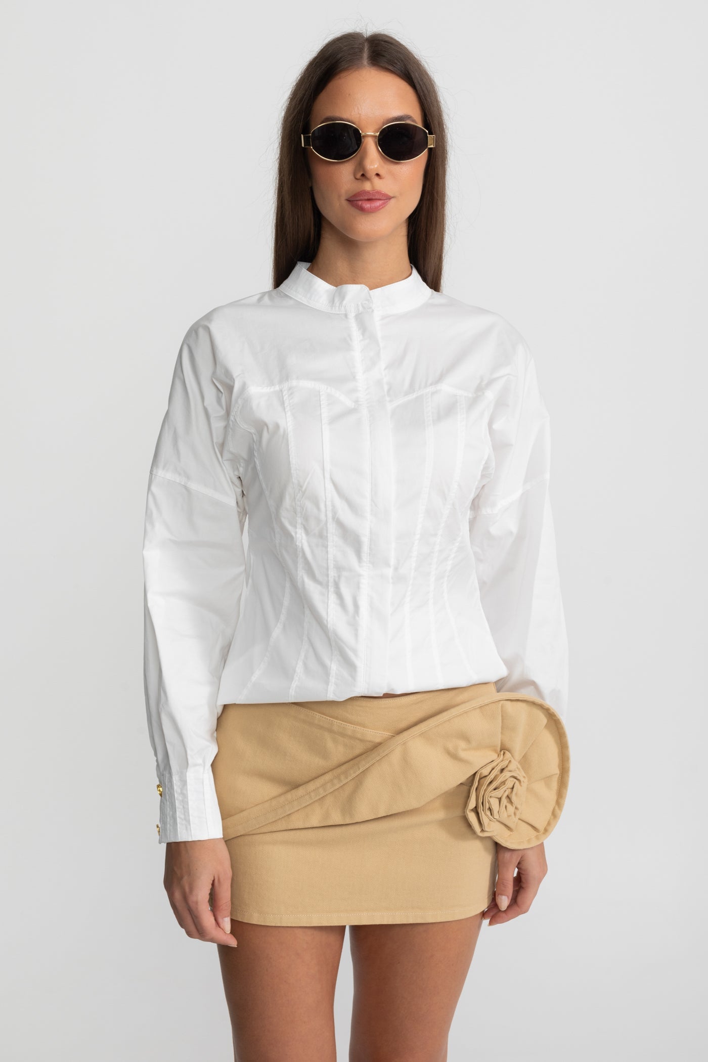 Structured Cotton Poplin Shirt With Corset Stitch Detailing – White