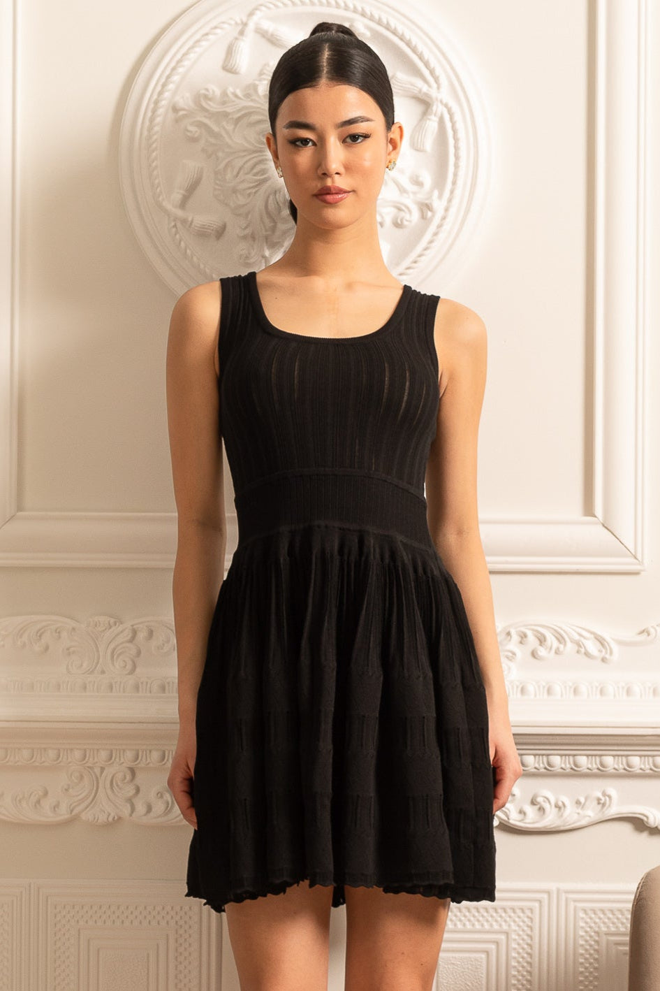 Fitted Mini Dress With Ribbed Texture - Black