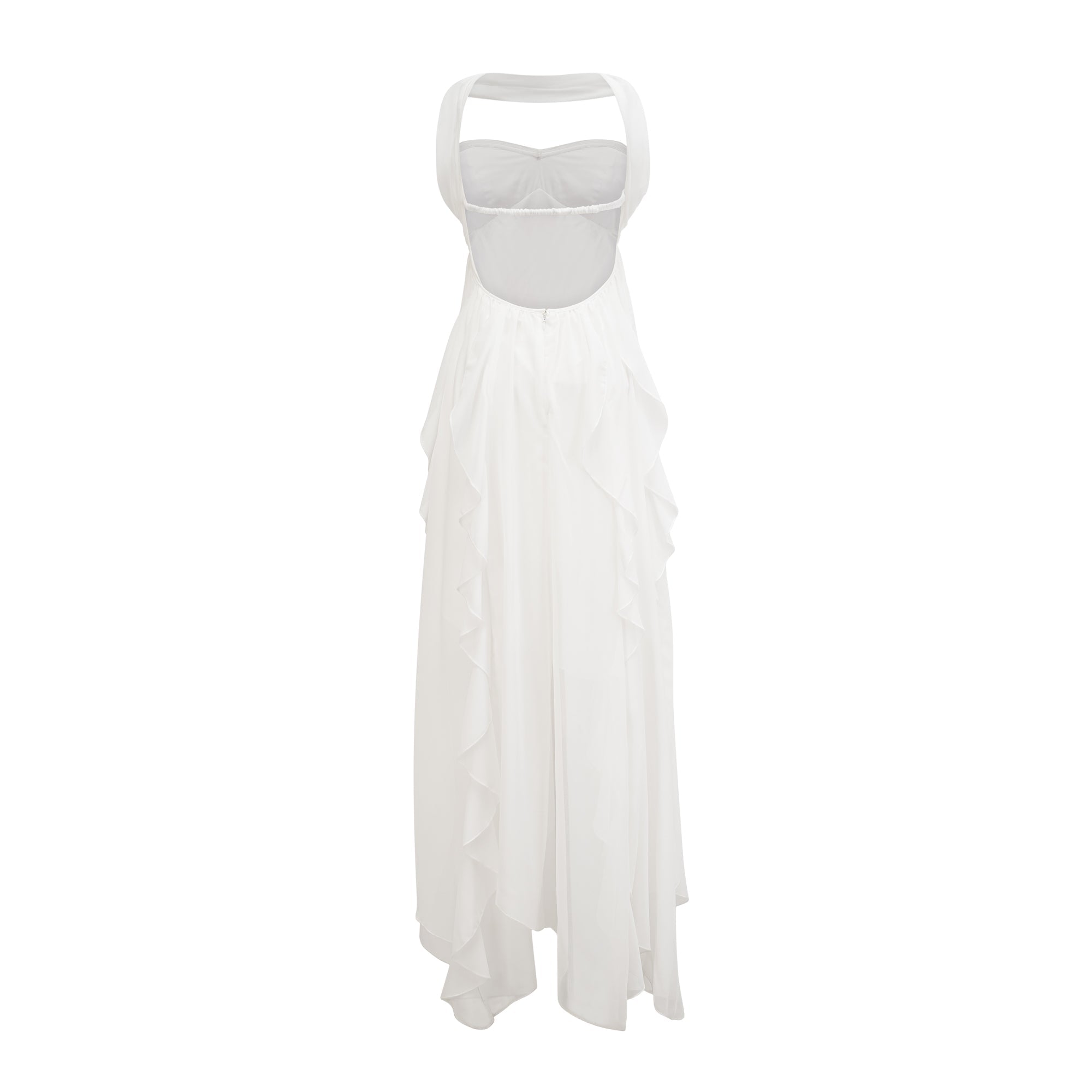 Mariah white chiffon ruffle halter neck maxi dress