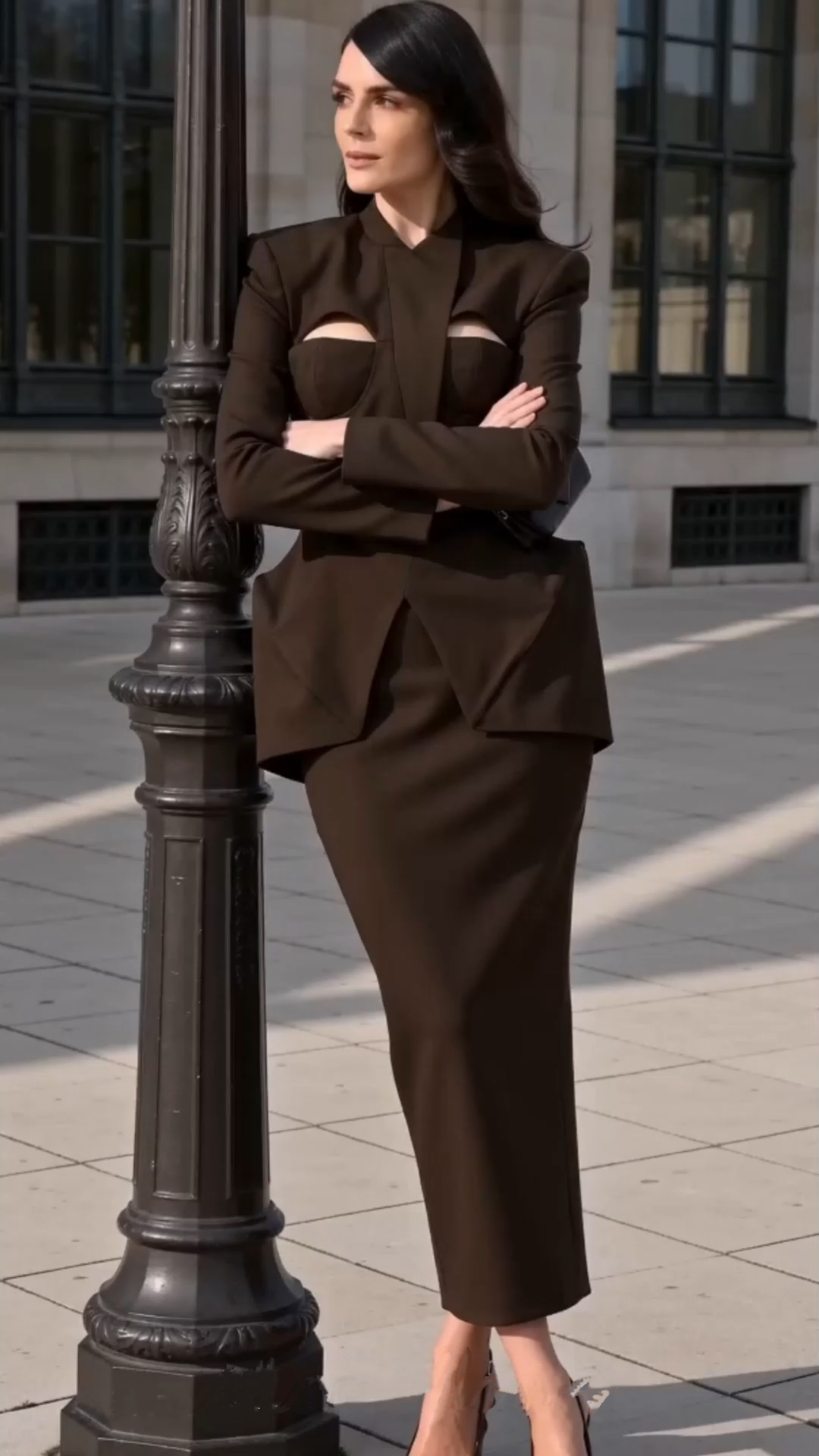 marietta black structured blazer & pencil midi skirt set