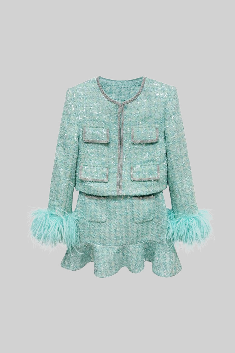 TIFFANY SPARKLING FEATHER EMBELLISHED SKIRT & VEST 2 PIECE CO-ORD - TIFFANY BLUE