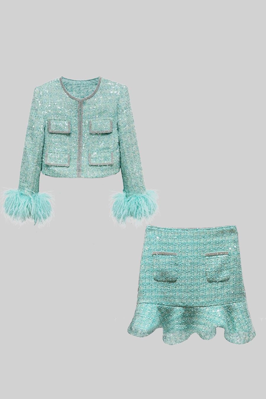 TIFFANY SPARKLING FEATHER EMBELLISHED SKIRT & VEST 2 PIECE CO-ORD - TIFFANY BLUE
