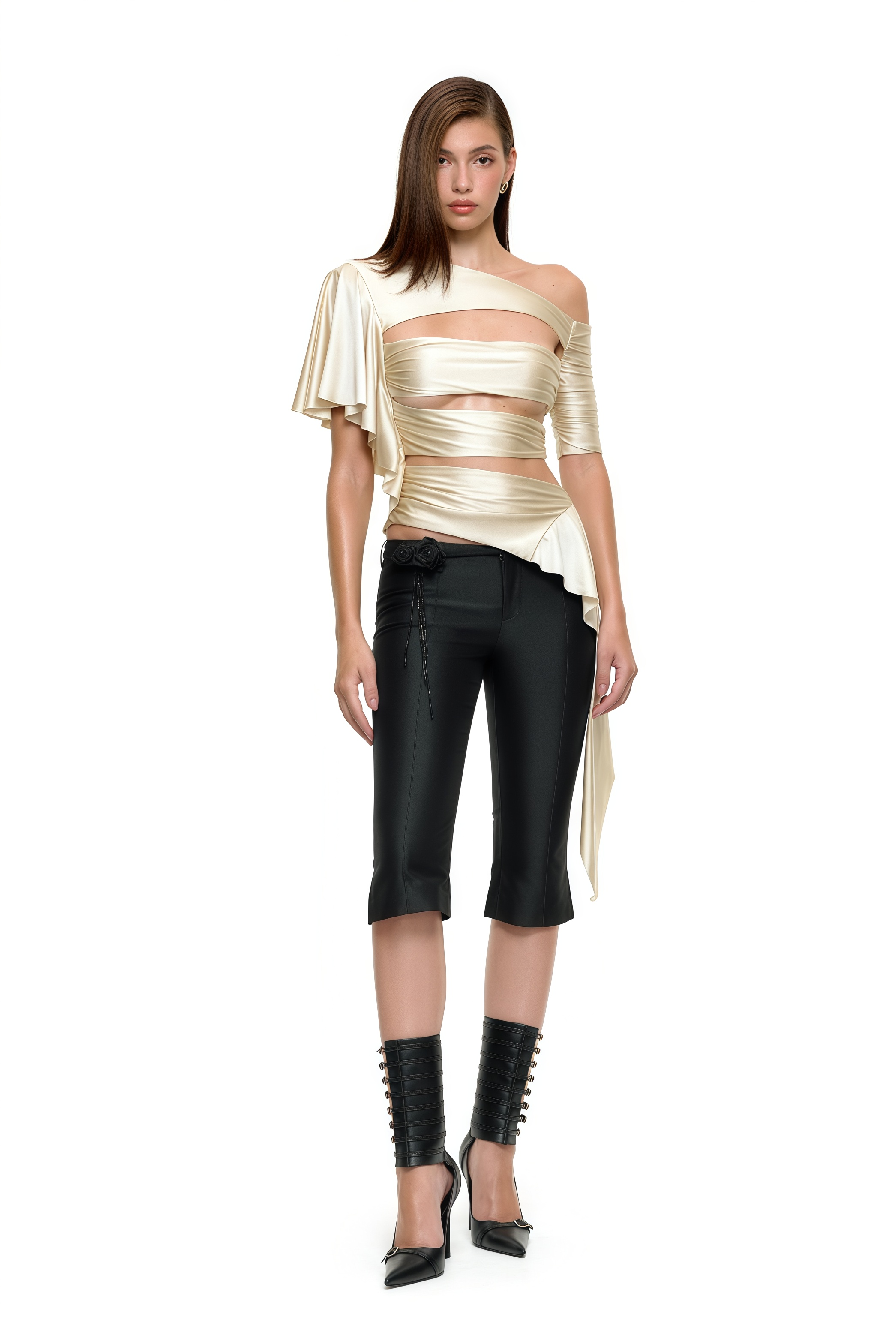 Iben Beige Asymmetrical Cut Out Satin Top