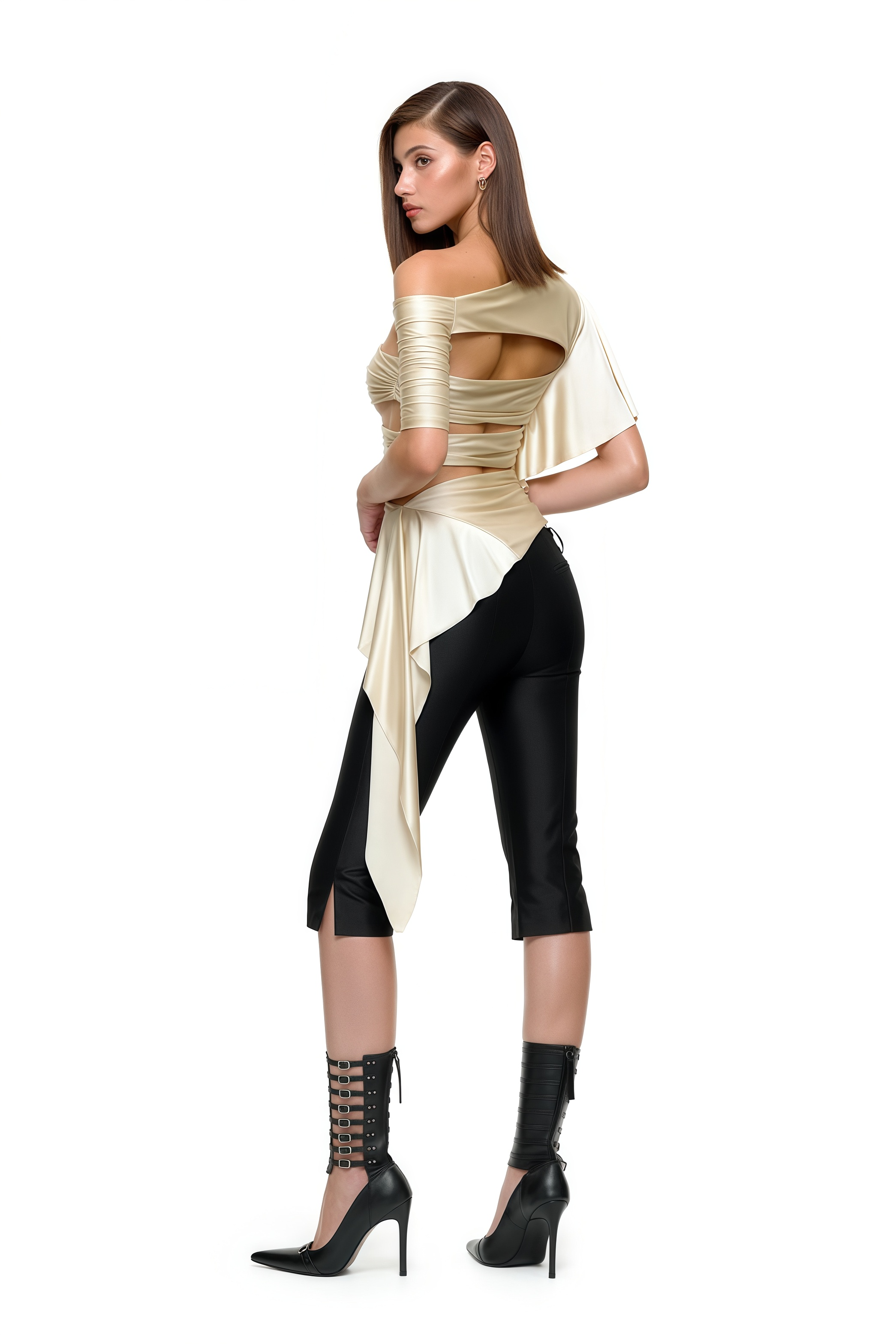 Iben Beige Asymmetrical Cut Out Satin Top