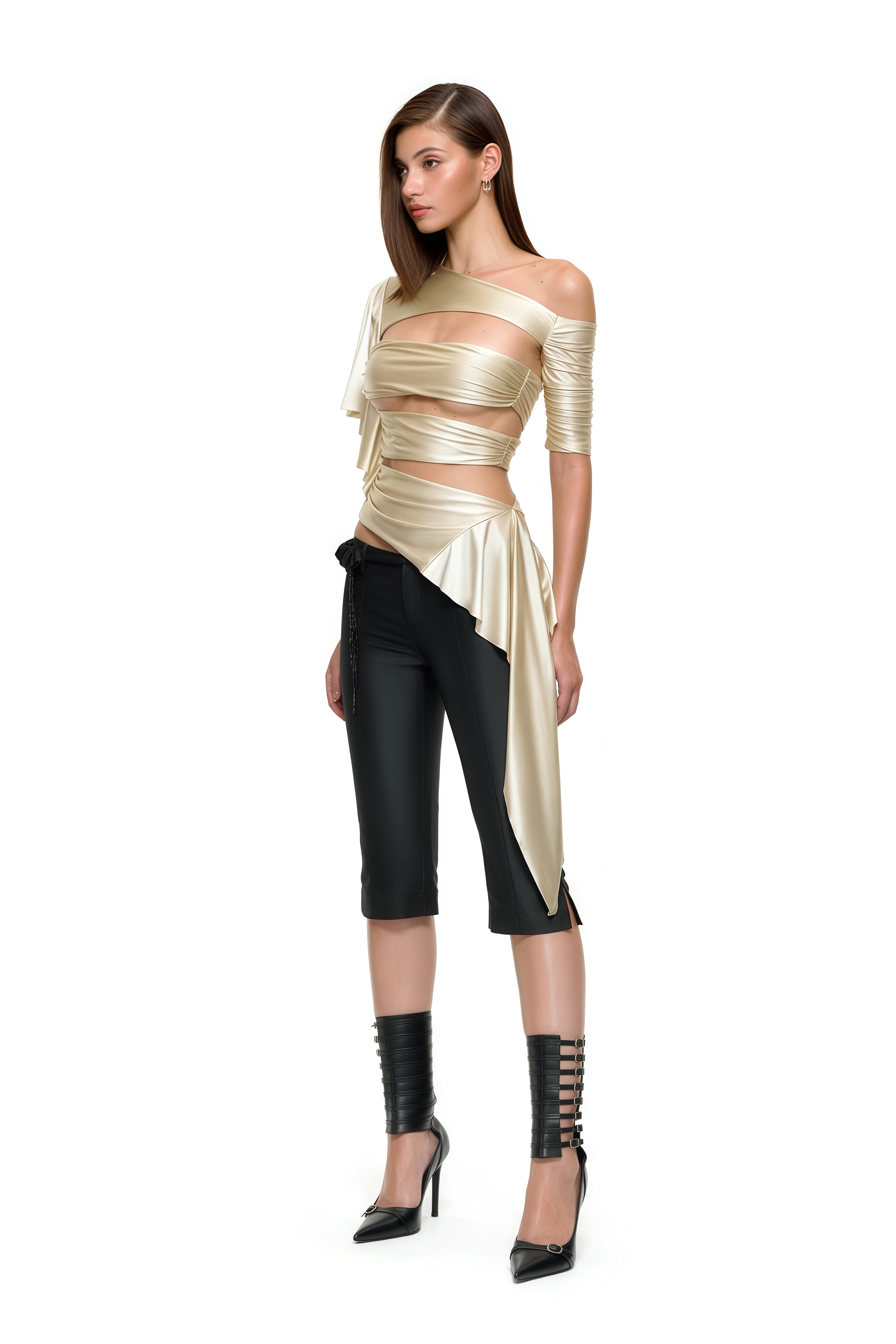 Iben Beige Asymmetrical Cut Out Satin Top